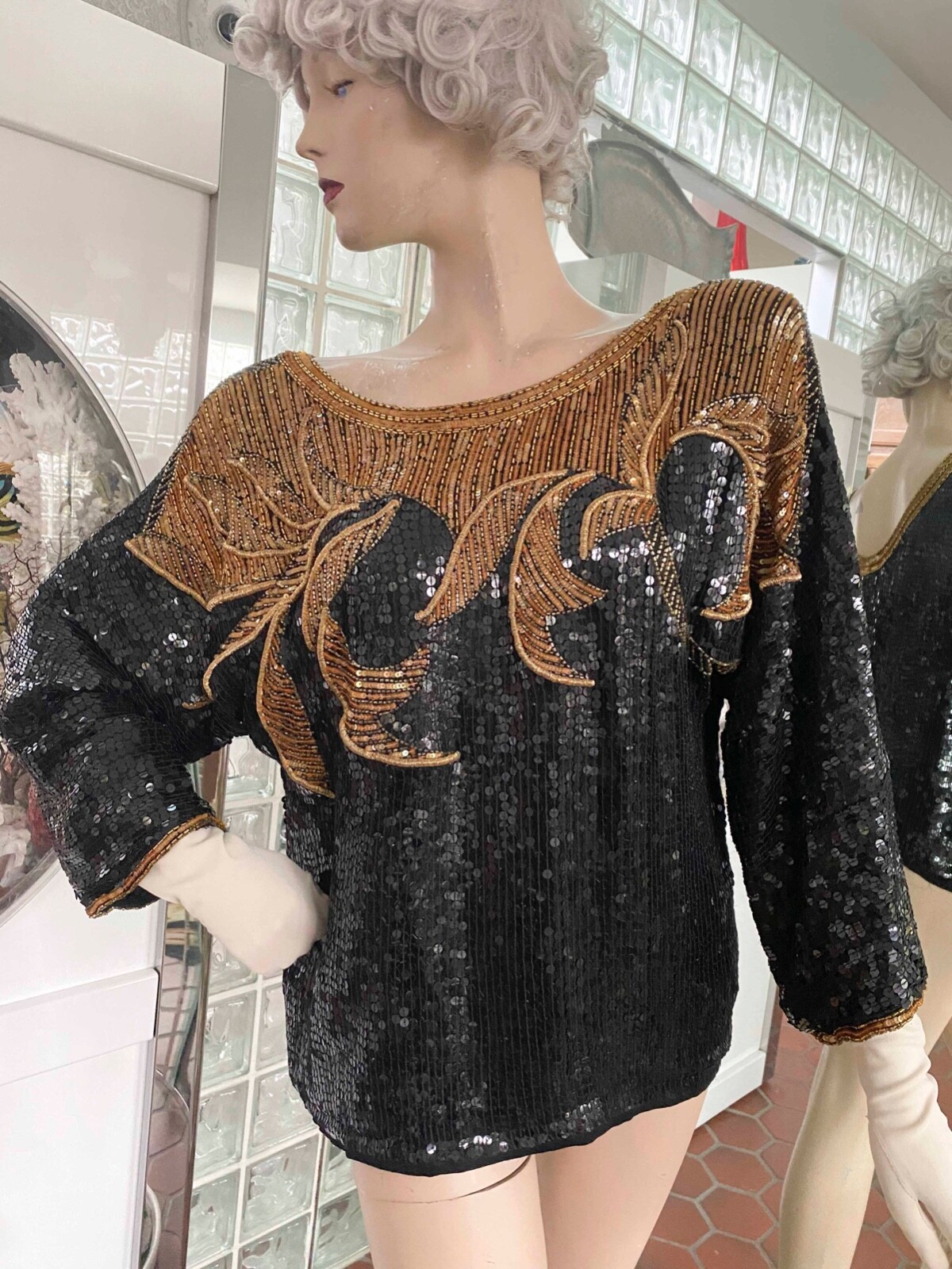 Judith Ann Creations Sequin Beaded 100% Silk Black Gold Top Evening sz L VTG 90s