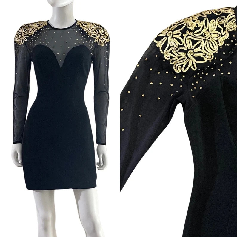 1990s TADASHI Vintage Black & Gold Stretch BODY CON Cocktail Dress Size Small