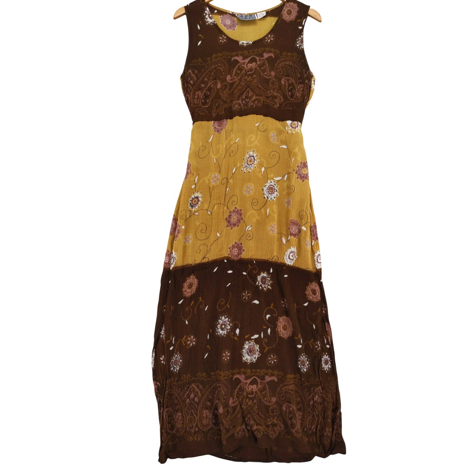 vtg 90s M.P.H. Maxi Dress Womens XL Brown Yellow Boho Paisley Floral Tie Back