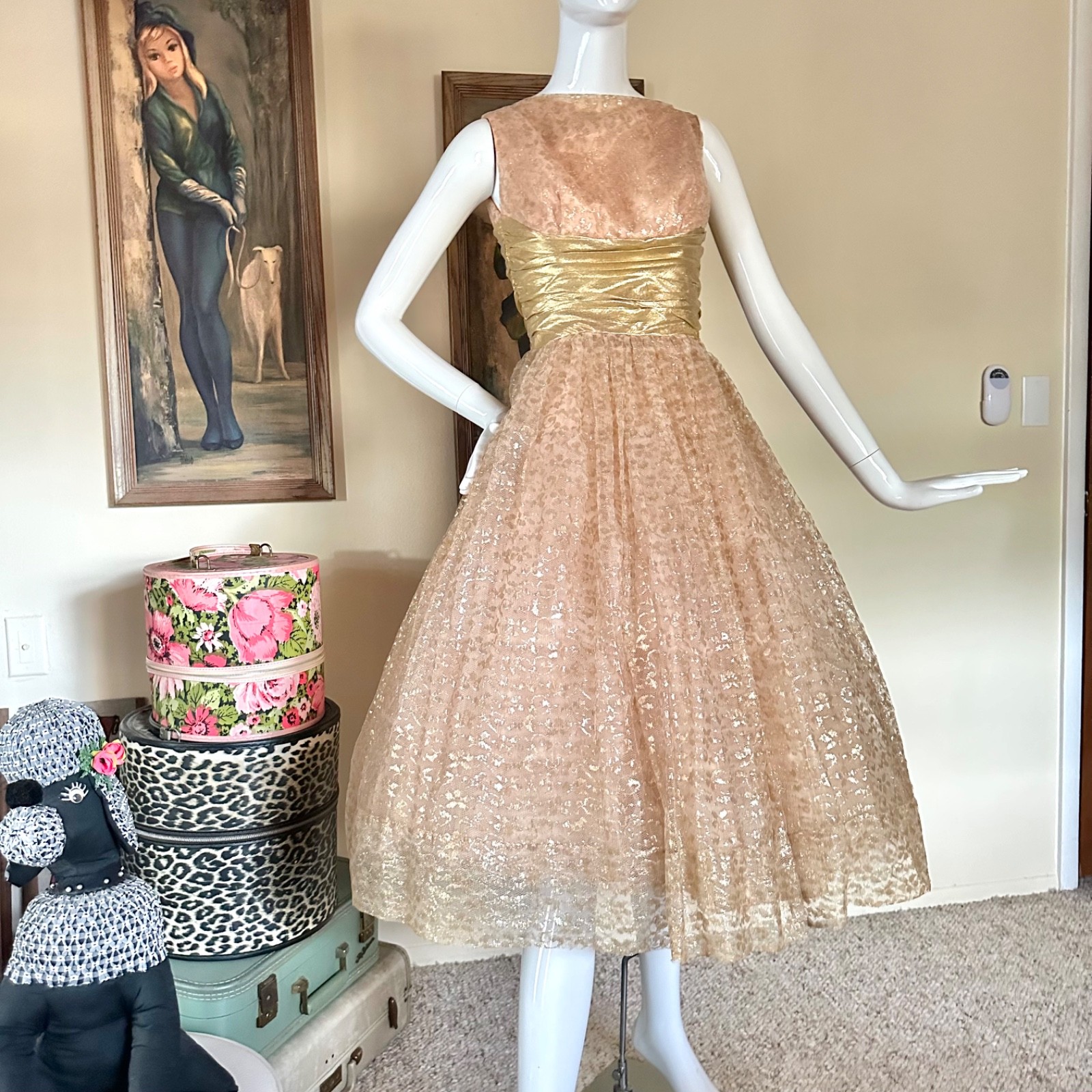 Vintage 1950s Gold Champagne Tulle Cupcake Prom Queen Dress VLV Wedding Gown XS