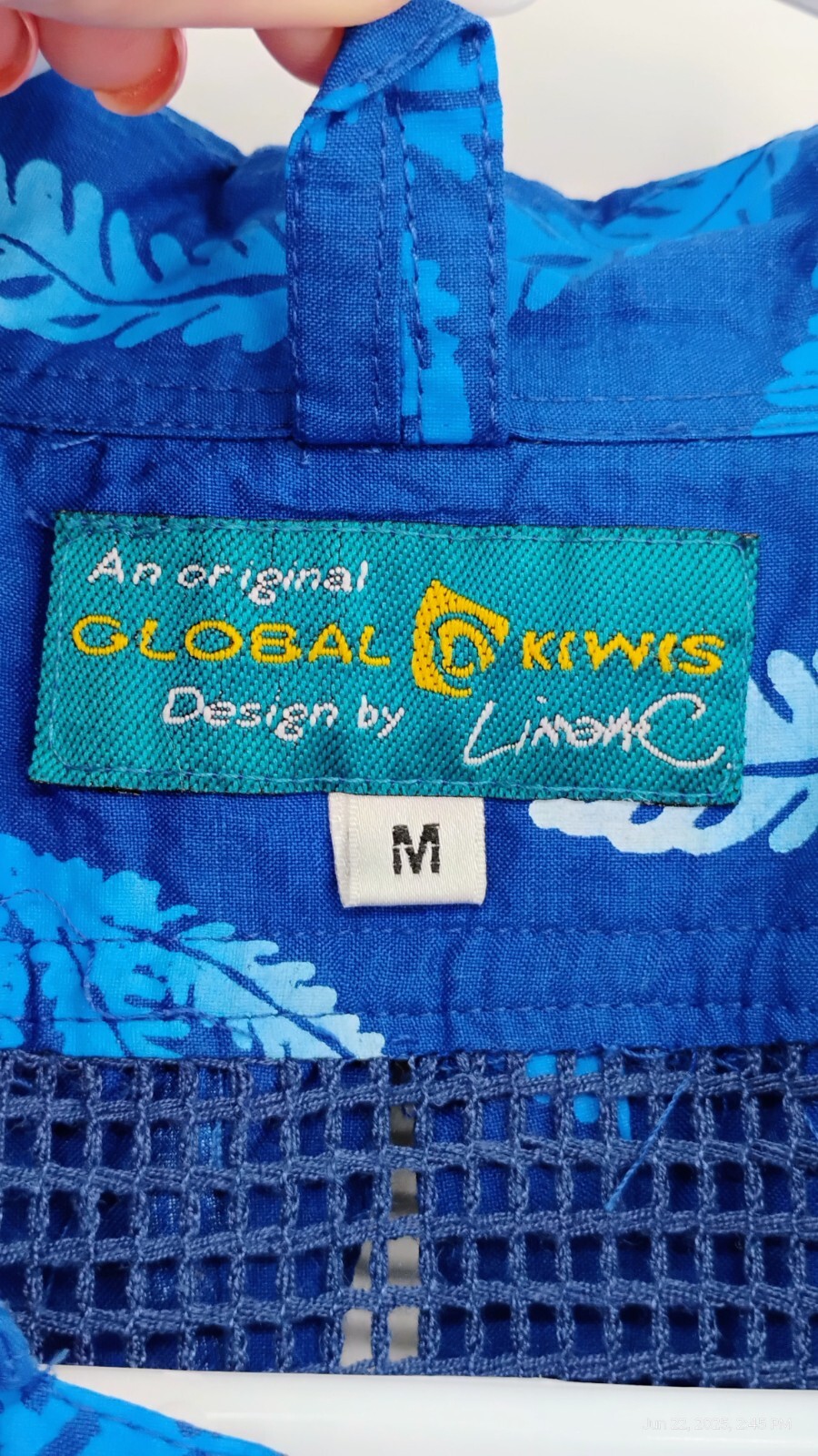 Global Kiwis Dress Vented Button Up Zip Pockets Mesh 100% Cotton Blue Tropical M