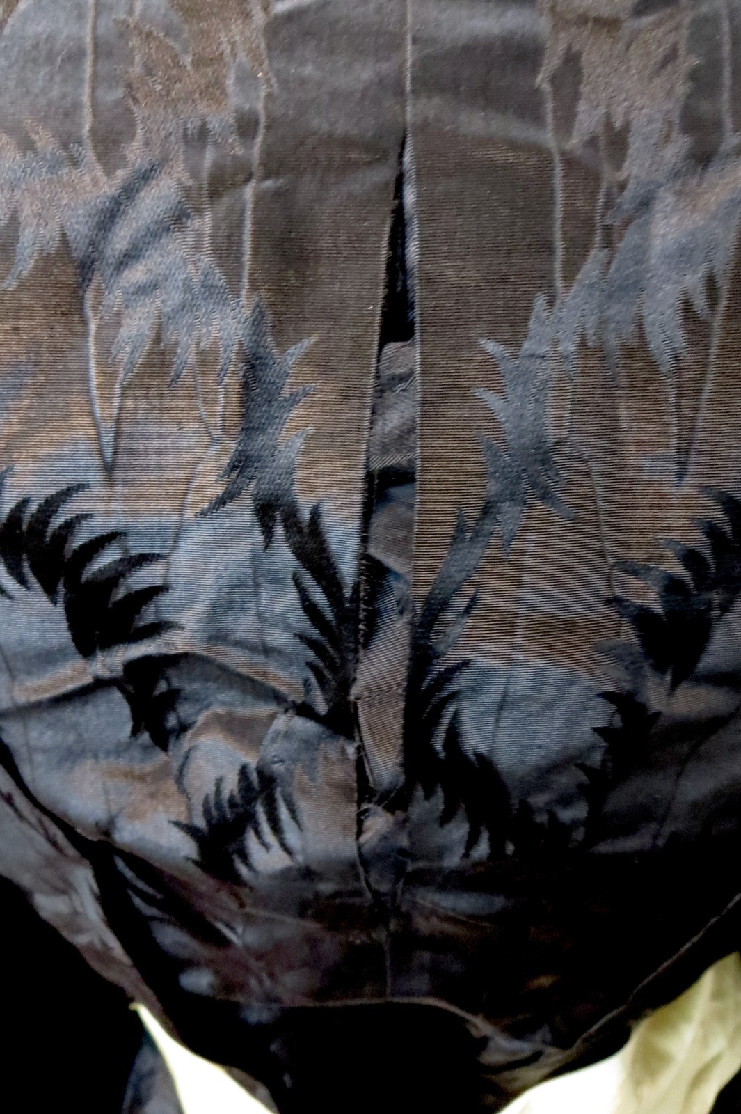 Antique 1860s Black Silk Mourning Dress Fern Pattern Fringe & Ruffle 2 Piece