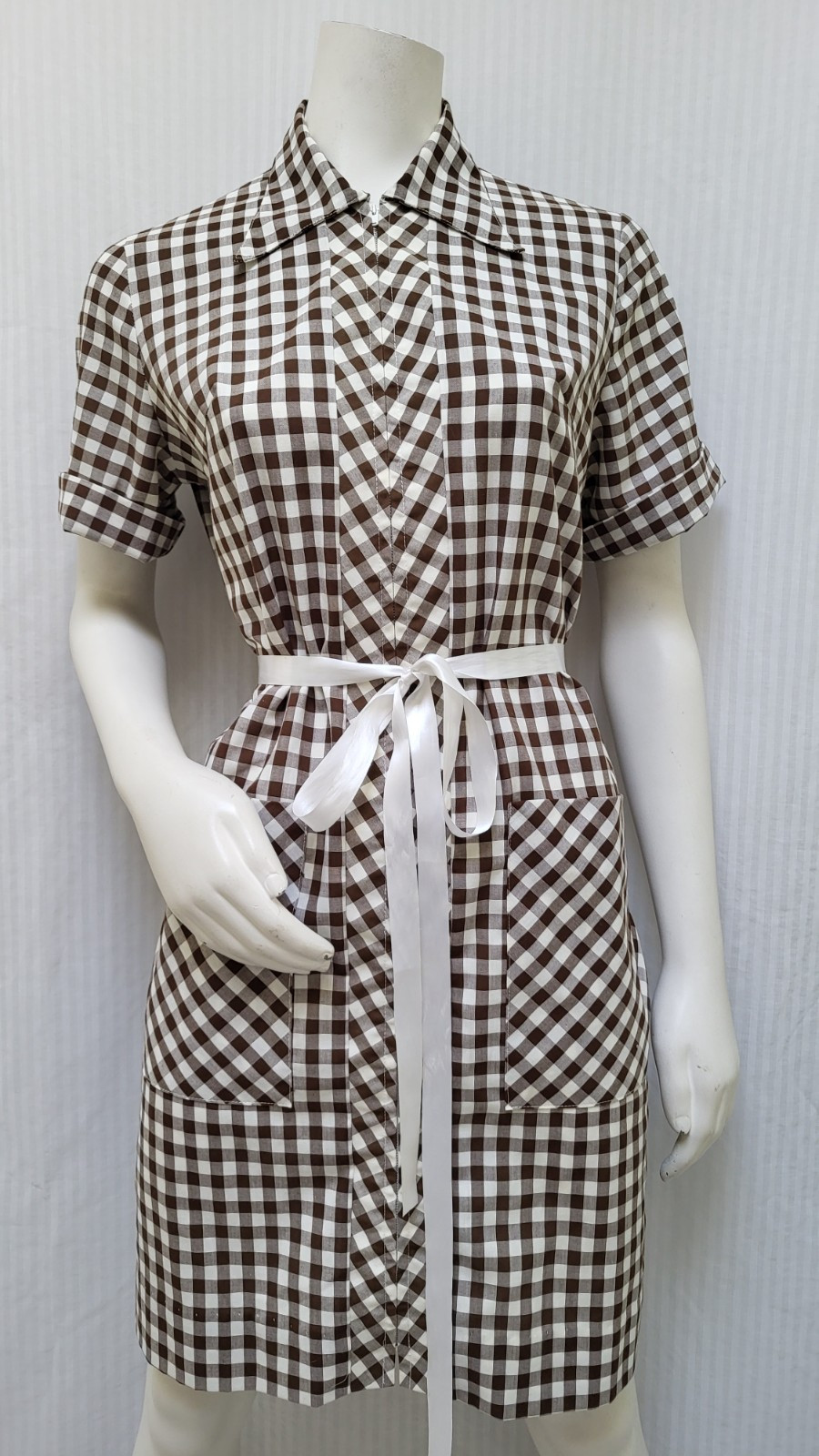 Vintage 1950/60s Brown Check Zip Front Collared Dress – Size M -EUC