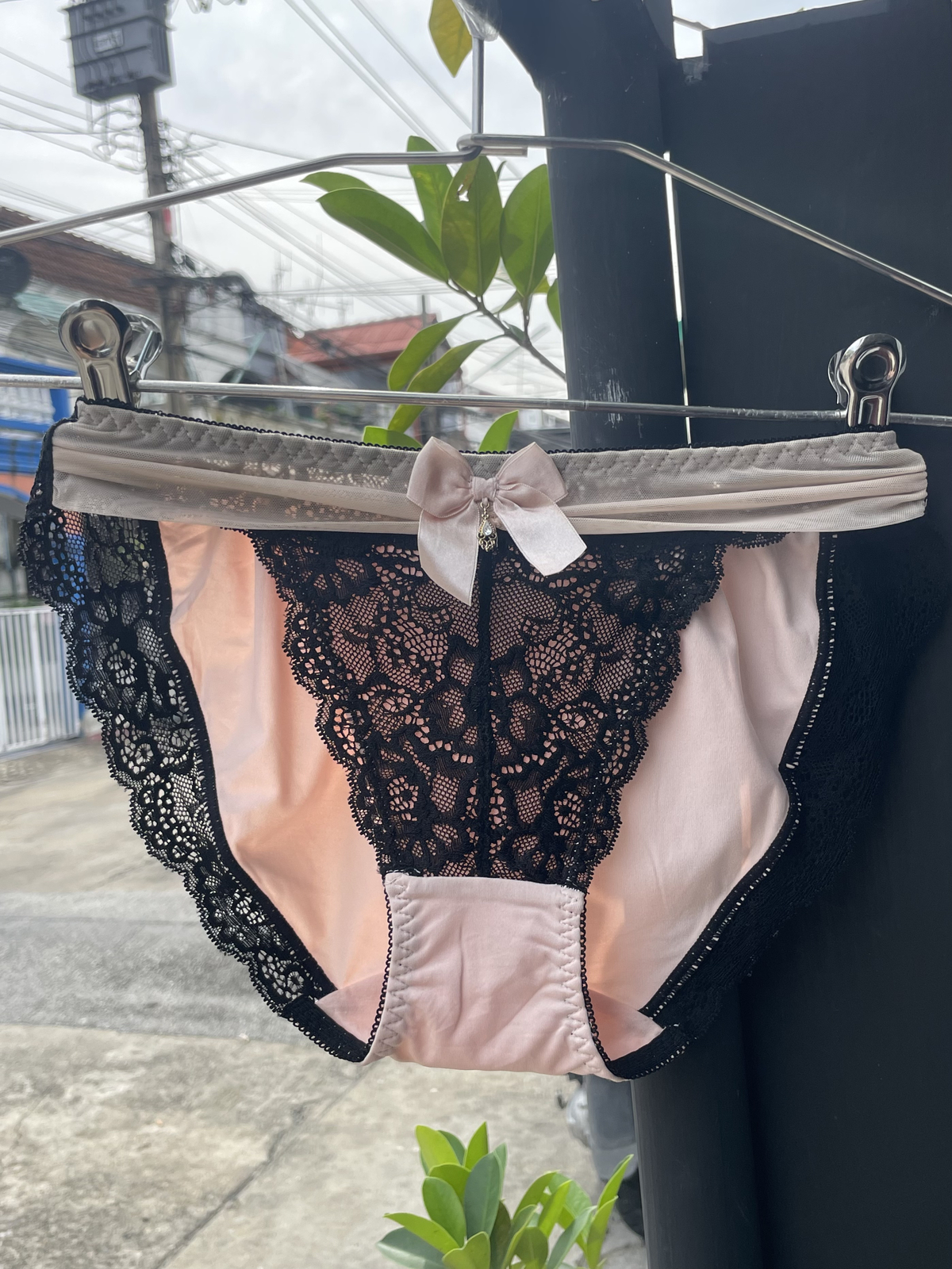 Slippery Silky Nylon Panty Crystal Pendant Black Lace Vintage Hi Cut Bikini Sz.6