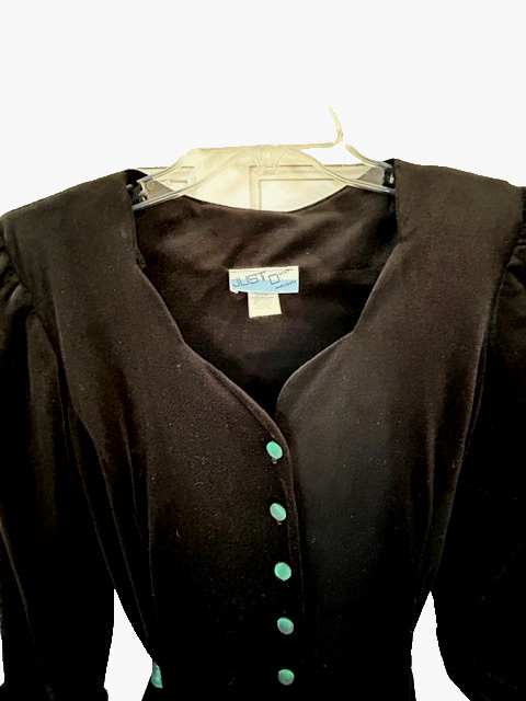 Just Ducky Vtg Dress Sz12-13 Black Velvet Emerald Green Taffeta Buttons Ties