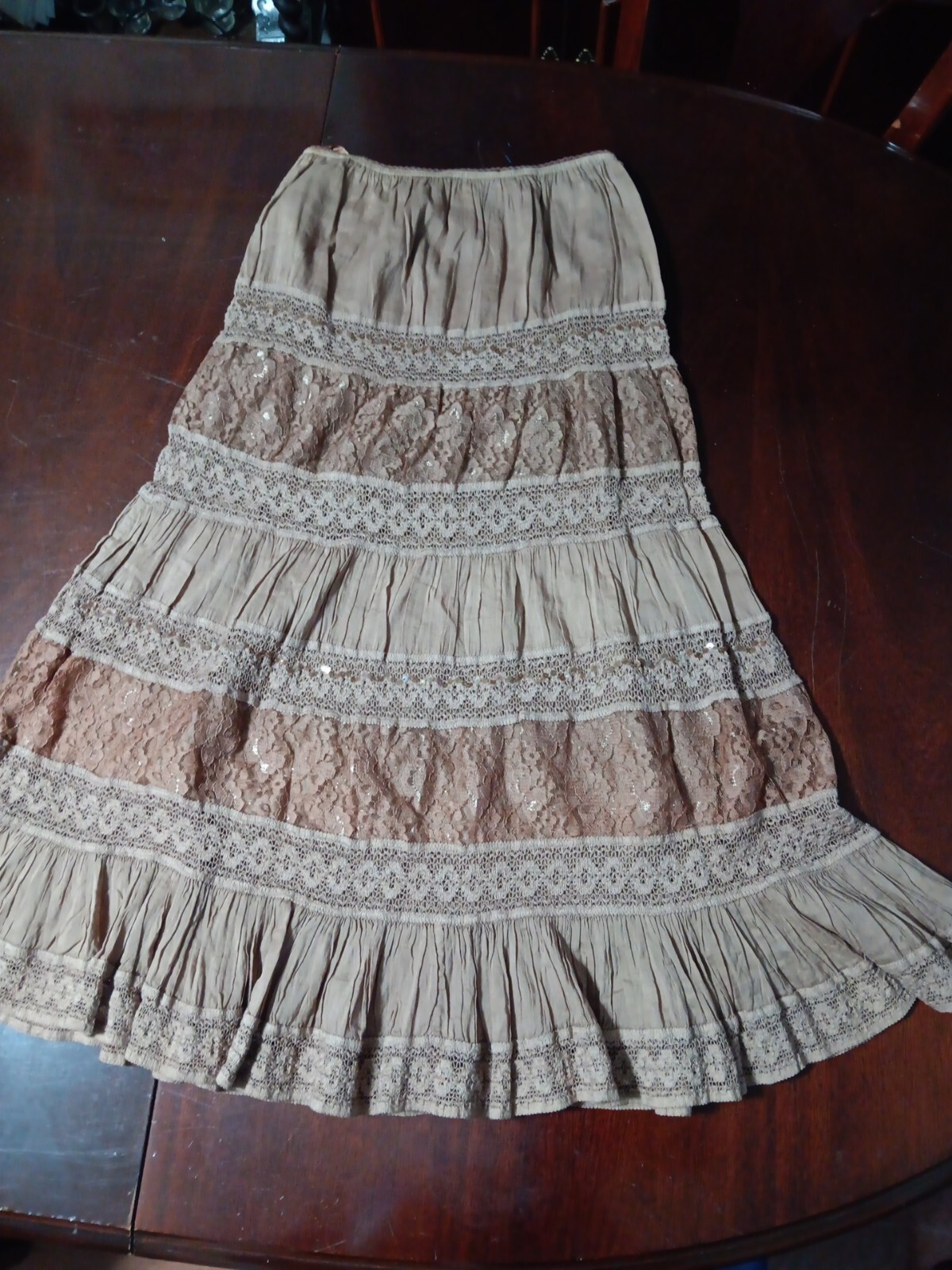 Vintage Passport Boho Hippy Cotton And Lace Multitiered Ruffles Skirt Cocoa Sz L