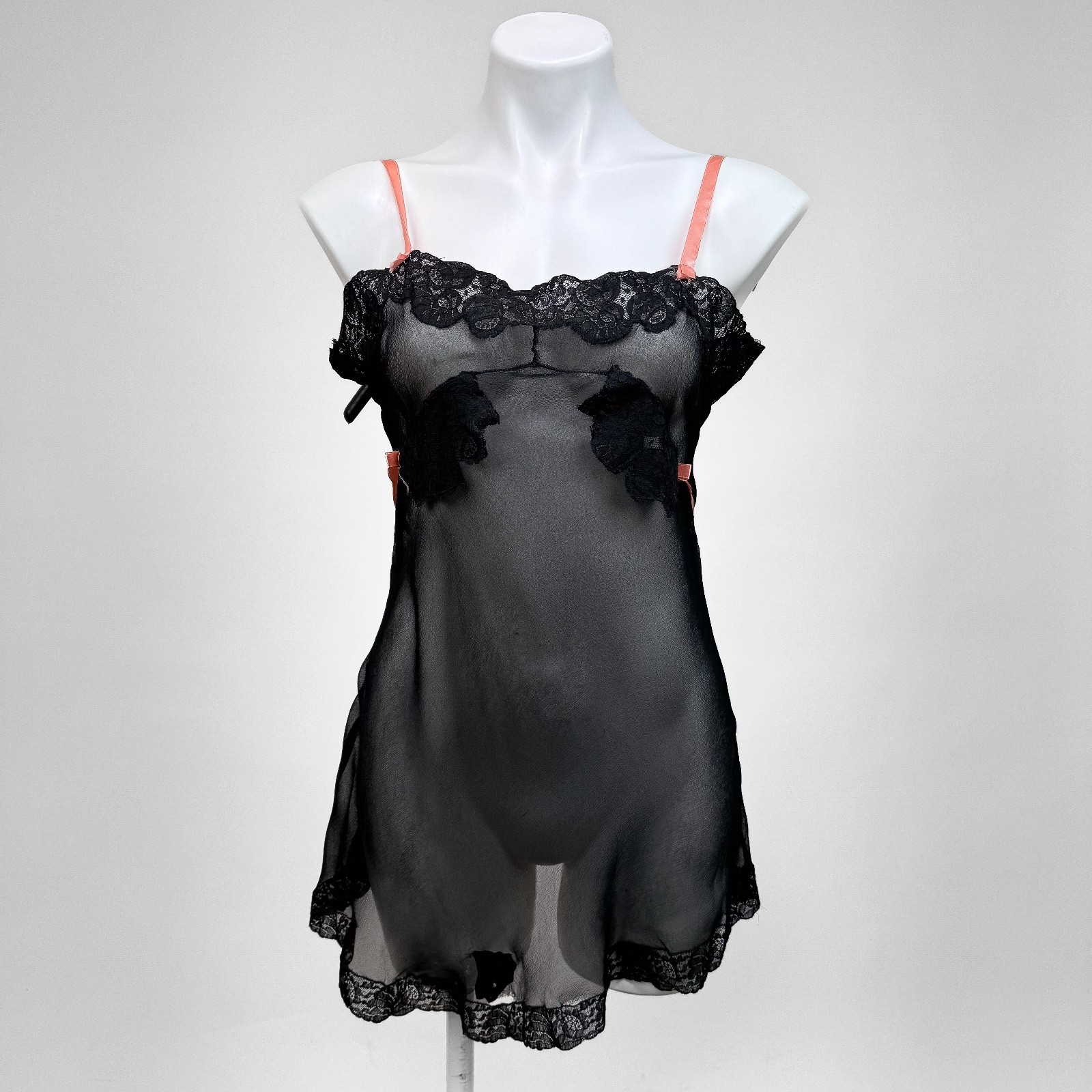 Vintage 1920s Black Silk Chiffon Bias lace Teddy Lingerie Art Deco Pink Ribbon