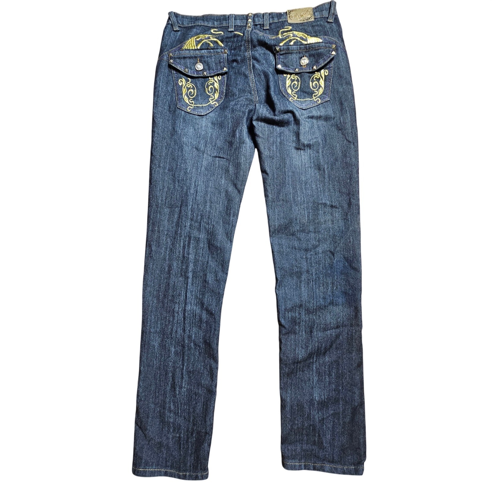 VTG Old Skool Gold Embroidered Studded Straight Jeans 15 Rocker Affliction Y2K