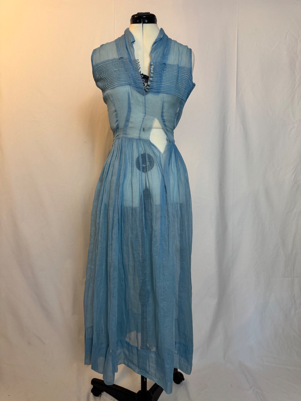 Vintage 1940s sky blue sheer silk crepe sleeveless maxi dress