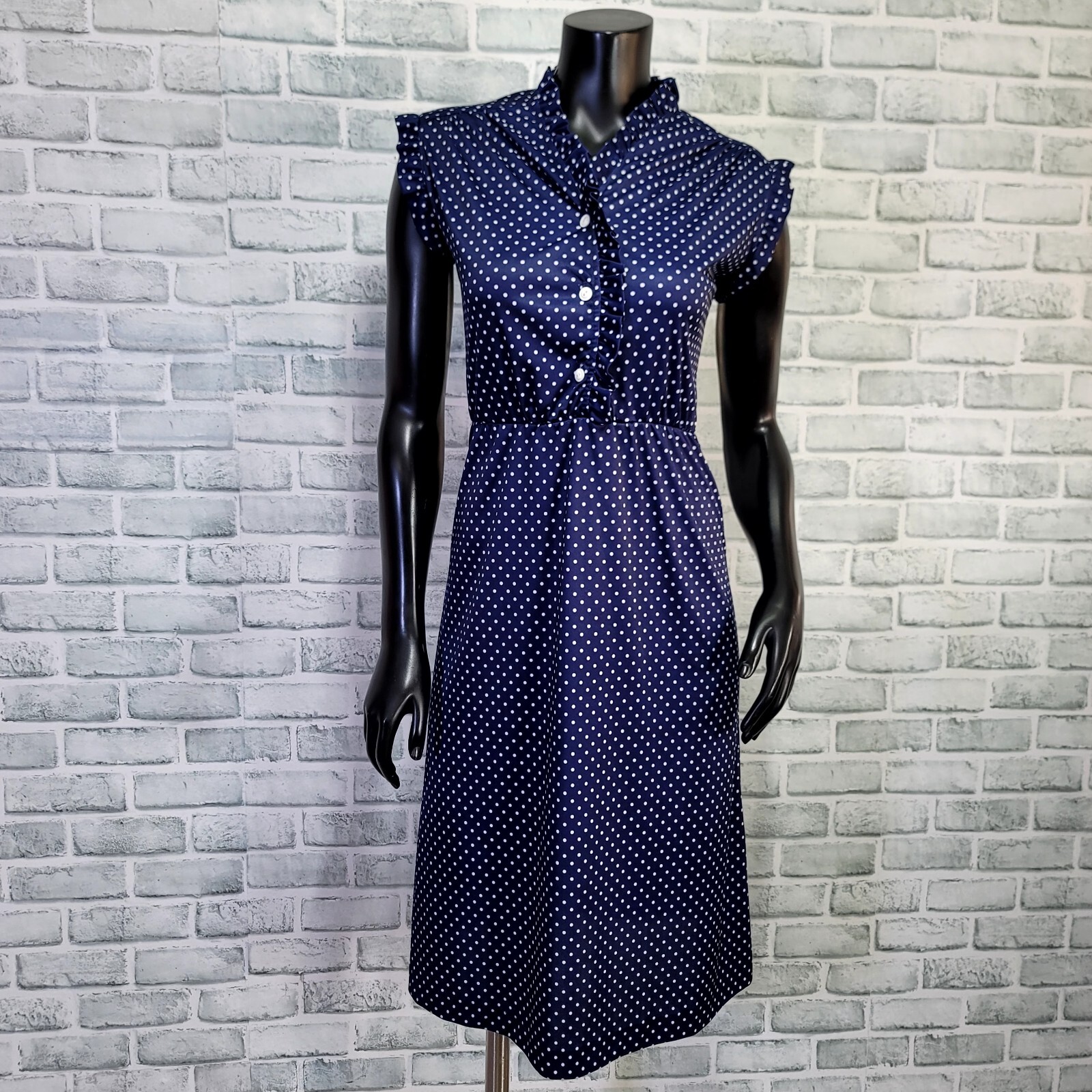 Vintage 70s Avon Fashion S Navy White Polka Dot Ruffle Sleeveless Sheath Dress