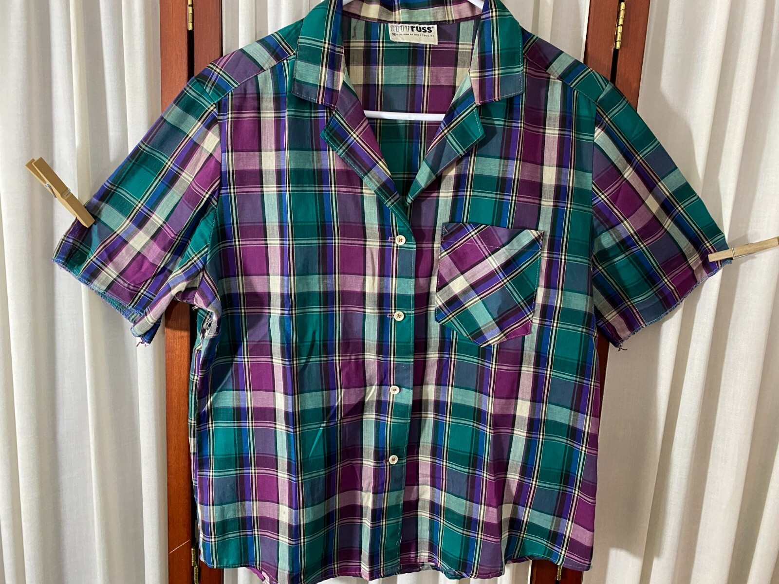 1980s Russ Camp Shirt- M- Purple & Green Fall Plaid- VG- SPORTY -SALE