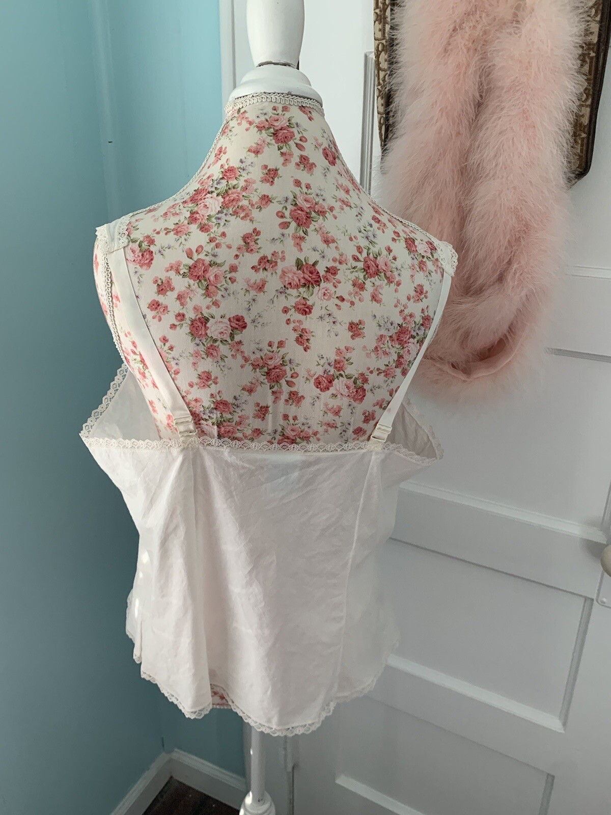 Vintage Womens Cream Cotton Camisole By Velrose Size 40 Lace Trim Lingerie