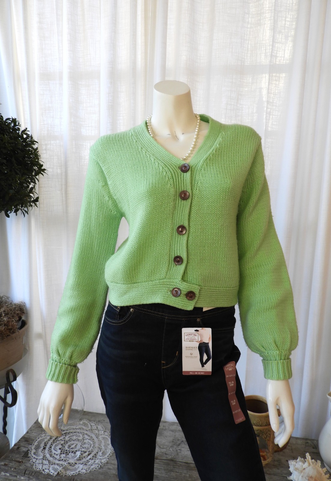 Vtg 1970’s Ladies Crop Cardigan Sweater Lime Green Tami Sportswear sz S/M