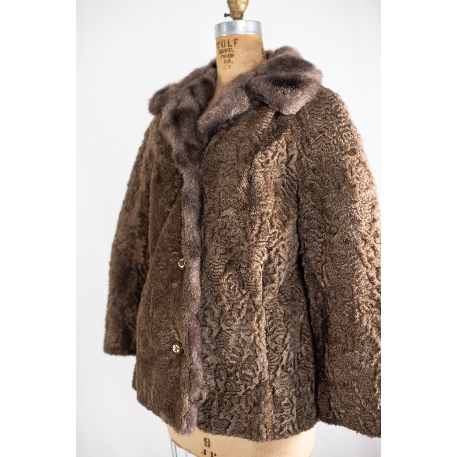 Vintage 1960s Brown Faux Curly Lamb Fur Swing Coat, Glam Old Money Jacket, S M