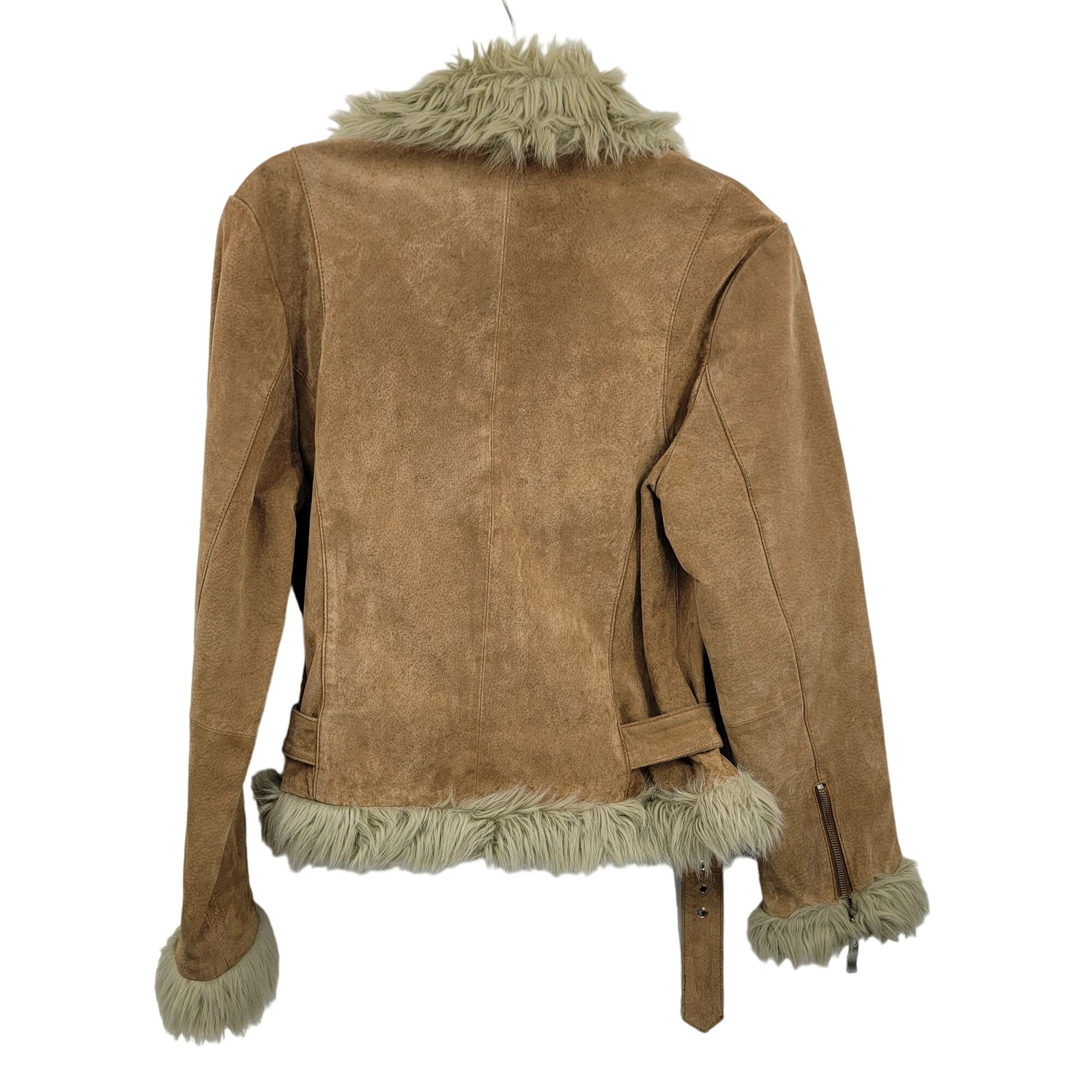 Vintage 80’s Wilson’s Leather Jacket Tan L Belted Faux Fur Trim Snow Bunny