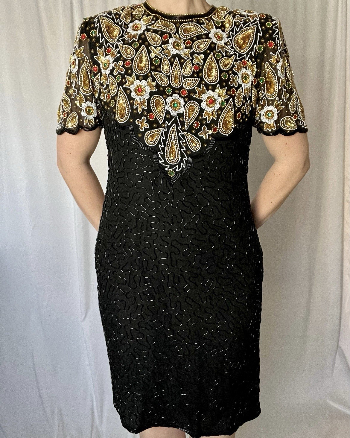Vintage Laurence Kazar NYC 100% Silk Beaded Cocktail Dress–Black Gold-Size PM