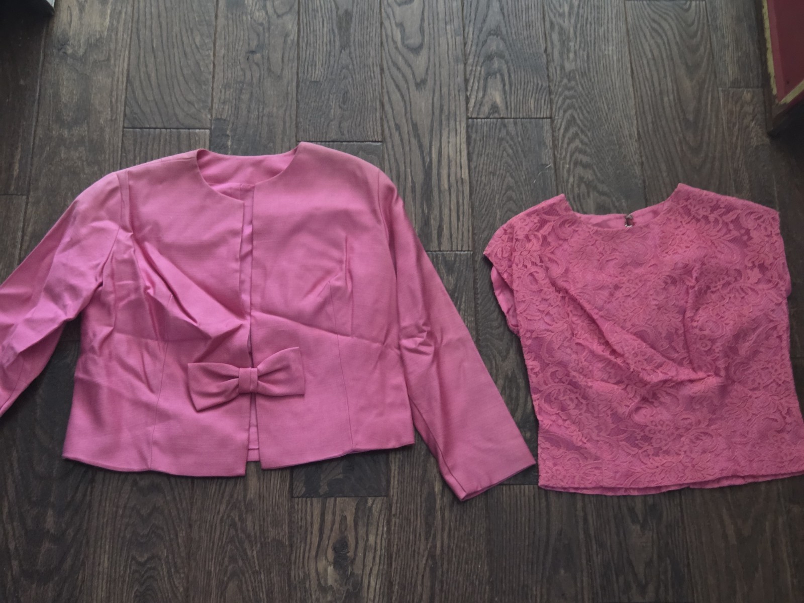 2 Pc Pink Lace Shell & Cropped Jacket Set Bow Front Women’s Formal Occasion Suit