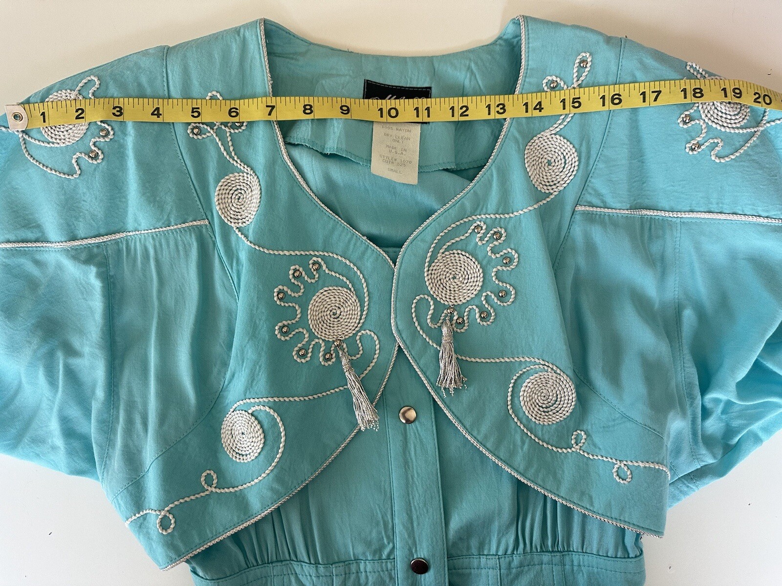 Vintage 80s 90s Teal One Piece Embroidered Tassel Fringe Jumpsuit Jacket Pants
