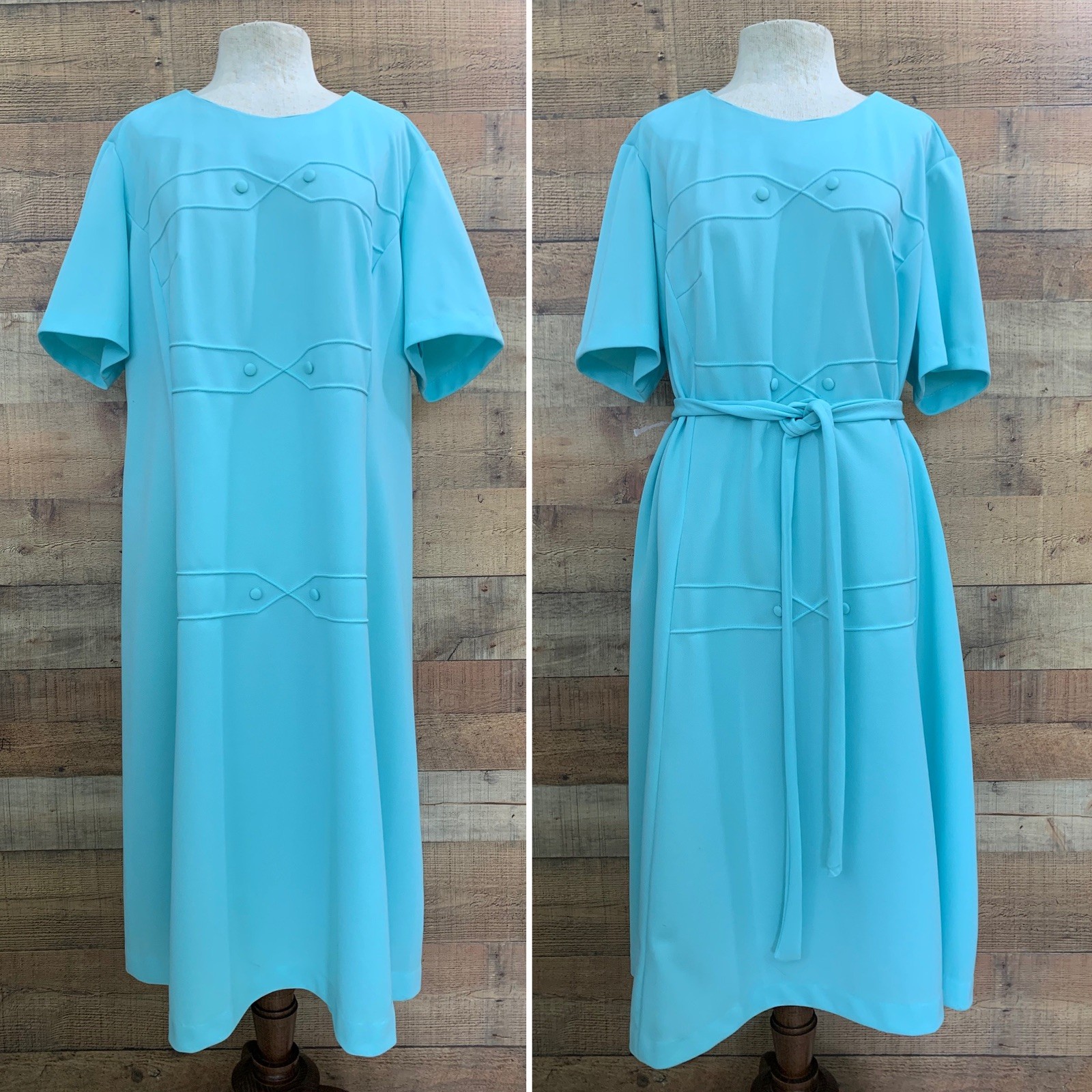 Vintage 1960s 1970s light Blue Polyester Belted Dress 48” Bust /44” Waist