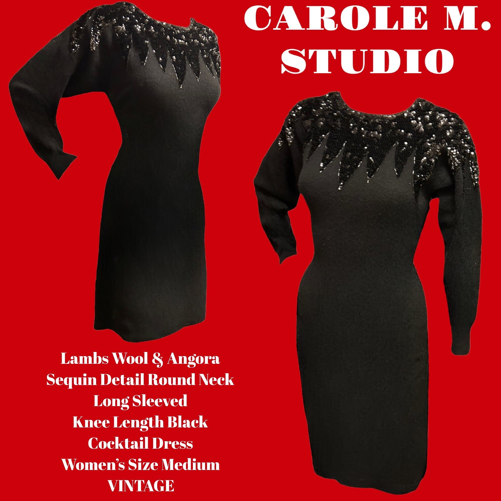 CAROLE M. STUDIOS Lambswool Sequin Black Knee Length Cocktail Dress Women M VTG