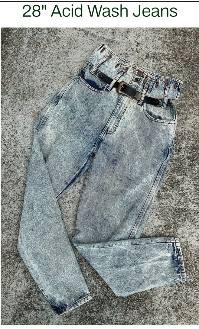 FIRST 1980s Acid Wash Jeans Size 9 28″ Inseam Blue 100% Cotton Vintage