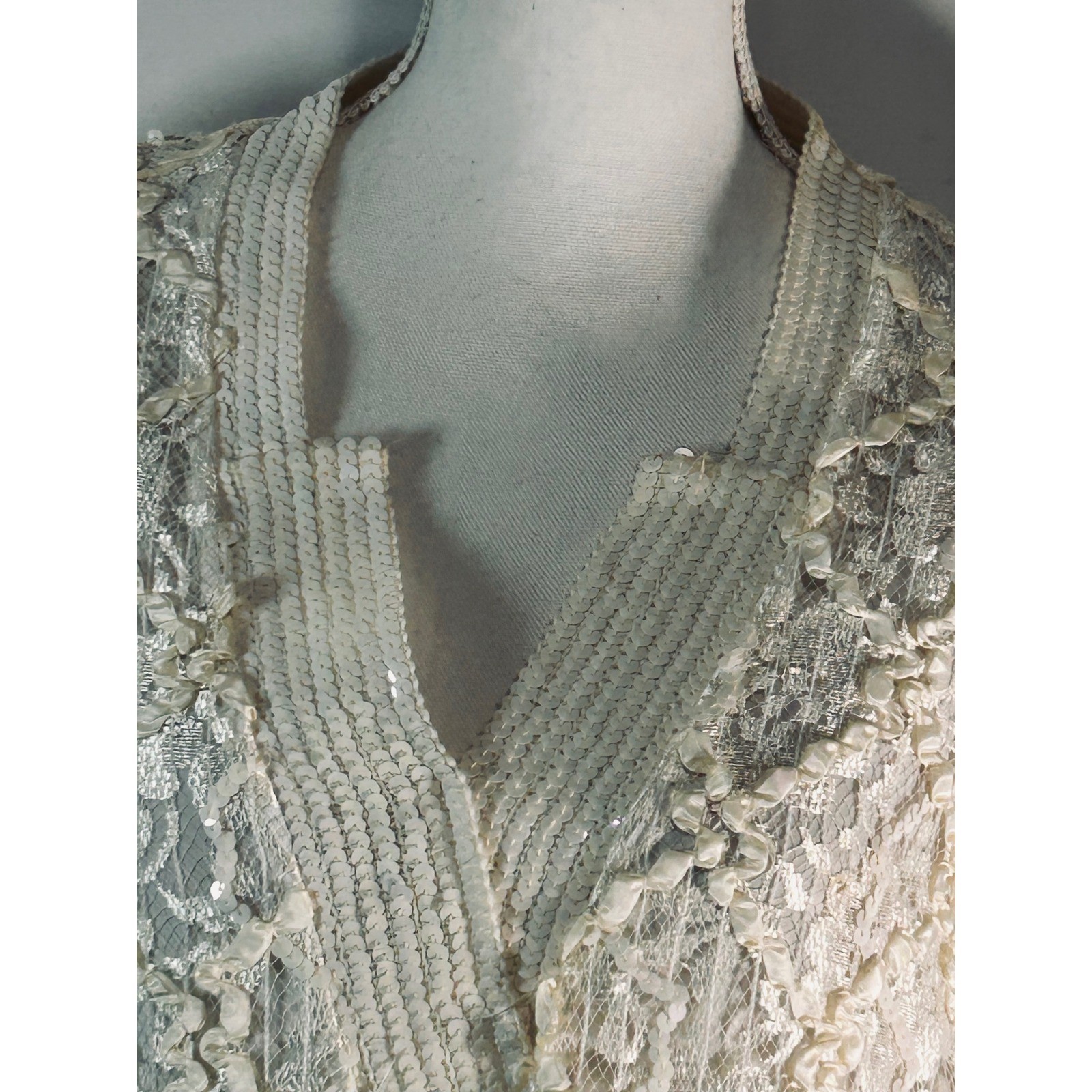 Vintage Damianou Ivory Lace Sequin Drop Waist Gown Long Sleeve Tiered Ruffle
