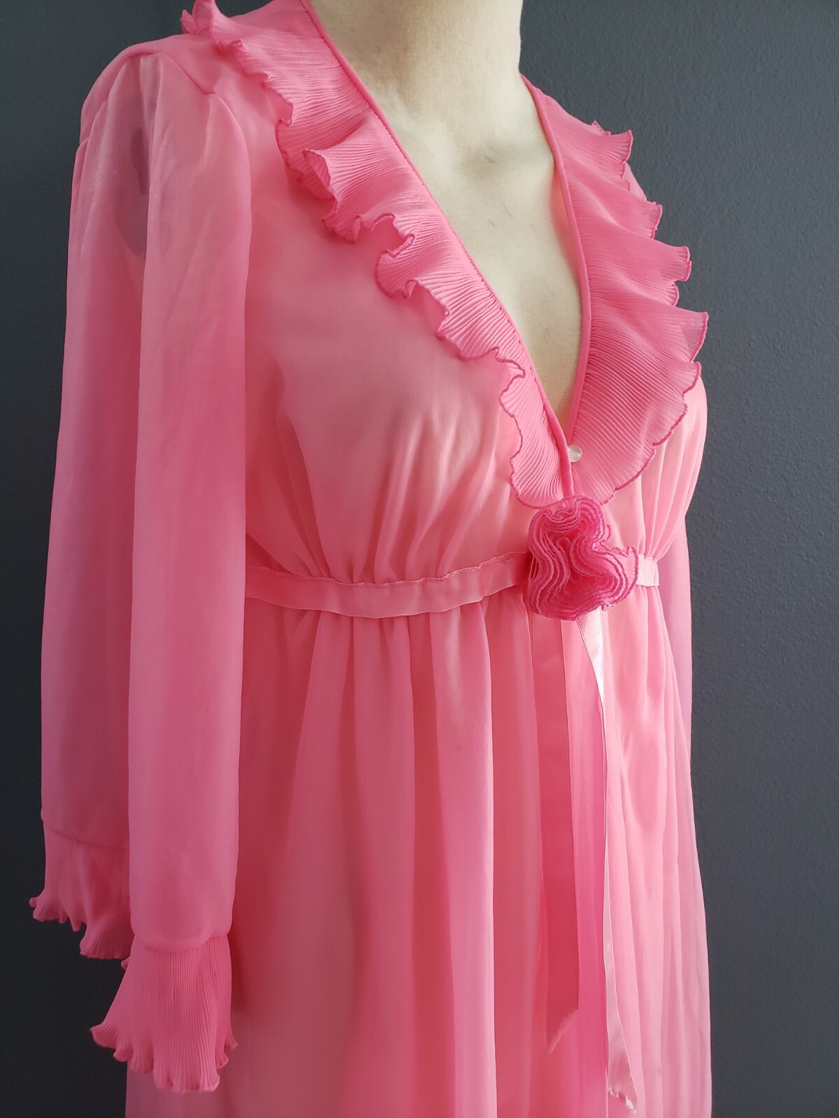 vtg 60’s 70’s EVETTE hot pink double layer chiffon peignor robe coverup sz S/M