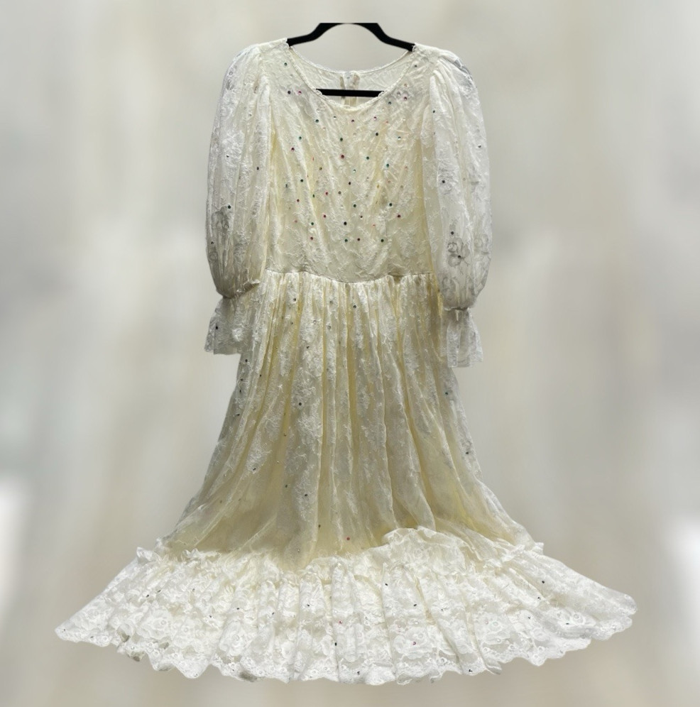 Vtg Susan Lanes Country Elegance Ivory Lace Event Dress 10 Sequin Accents 70’s
