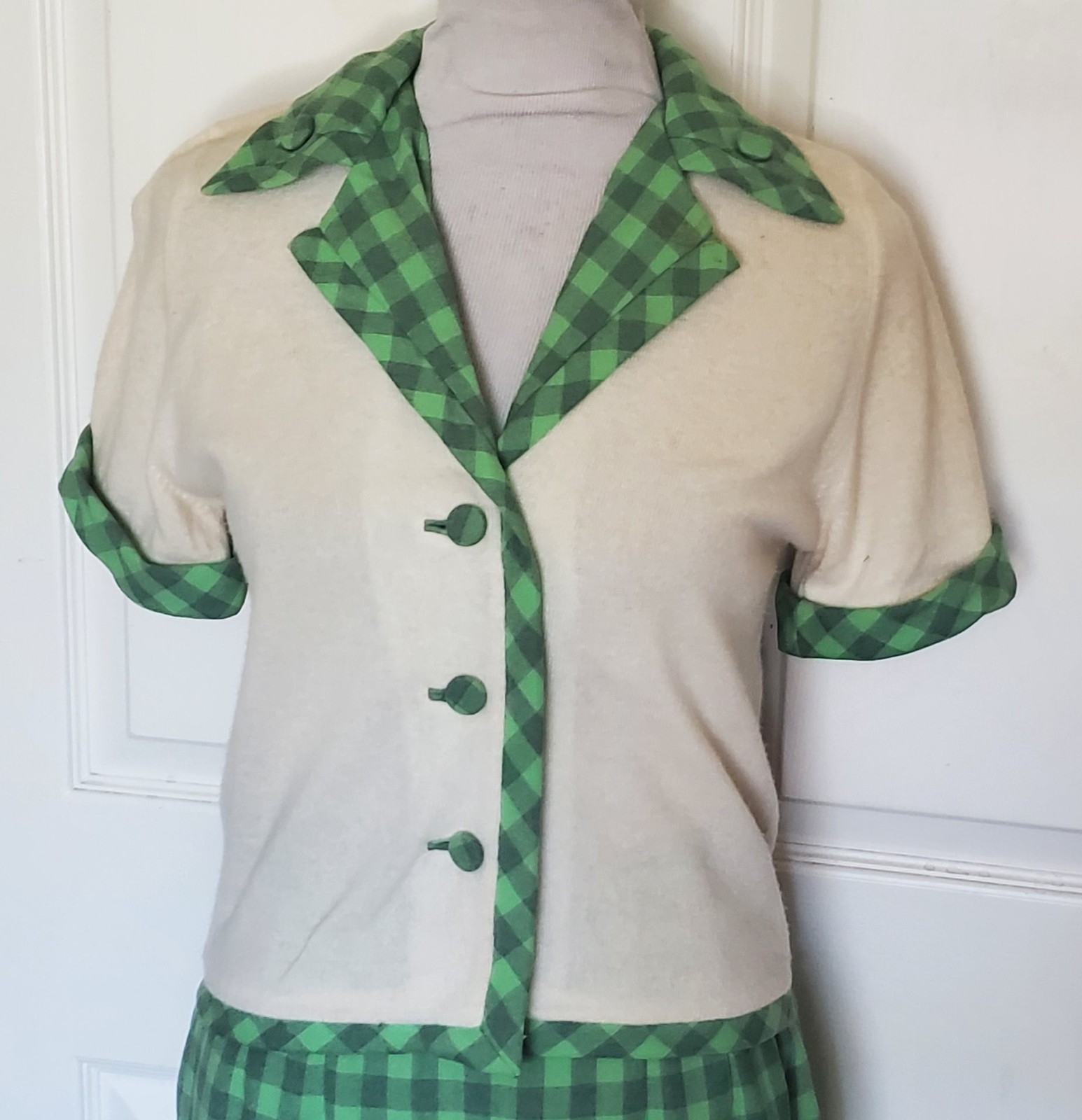 Vintage 50s Two Piece Checked Sweater Skirt Set Green Gray Orlon Wool B36