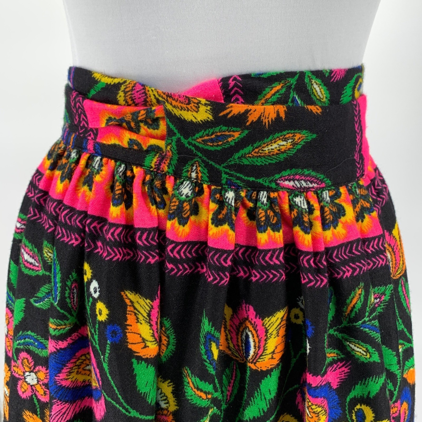 Vintage Joseph Magnin Floral Wrap Skirt Black Neon Pink Gingham Lined Boho 9