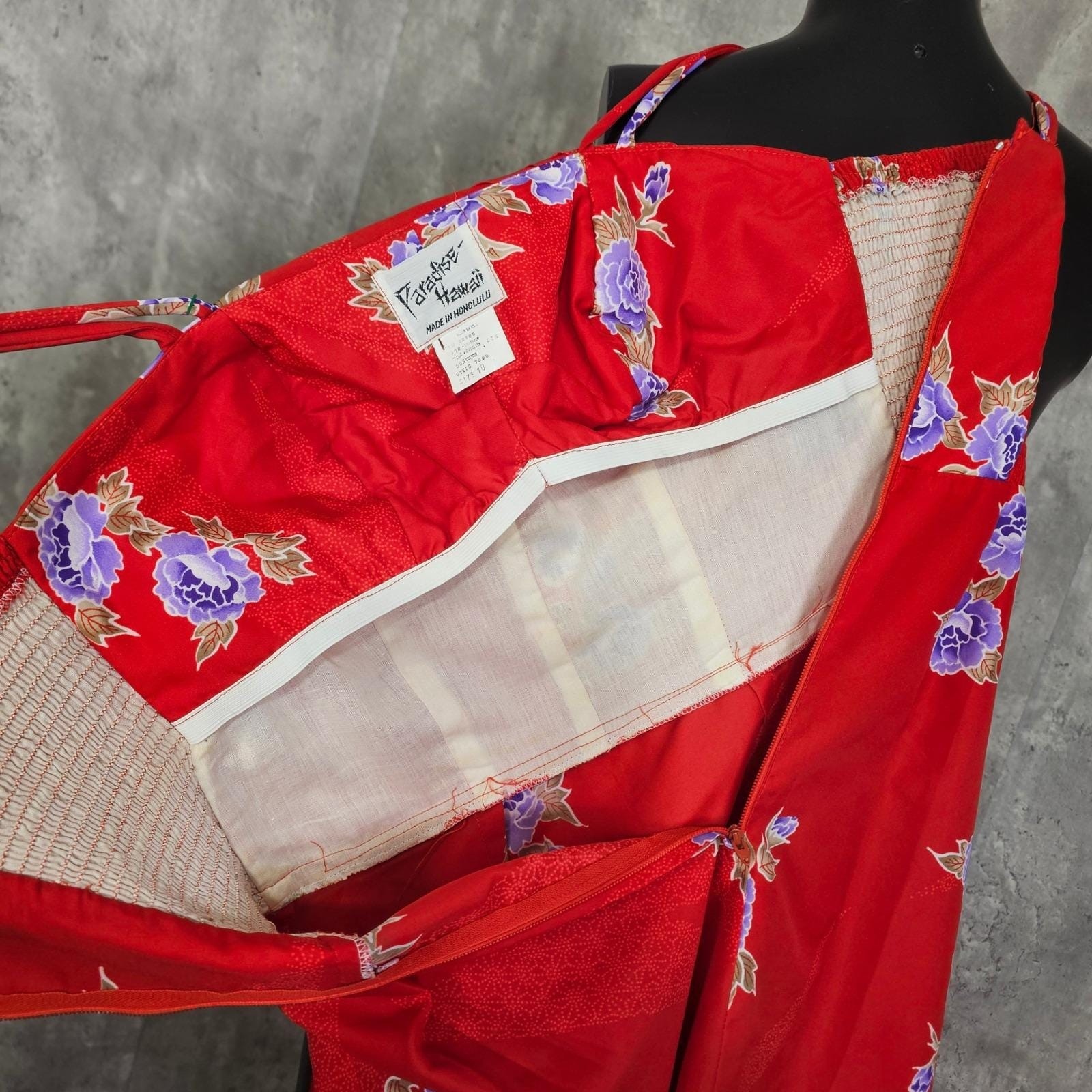 Vintage Paradise Hawaii Red Floral Hawaiian Sarong Dress Talon Zip Pinup Tiki