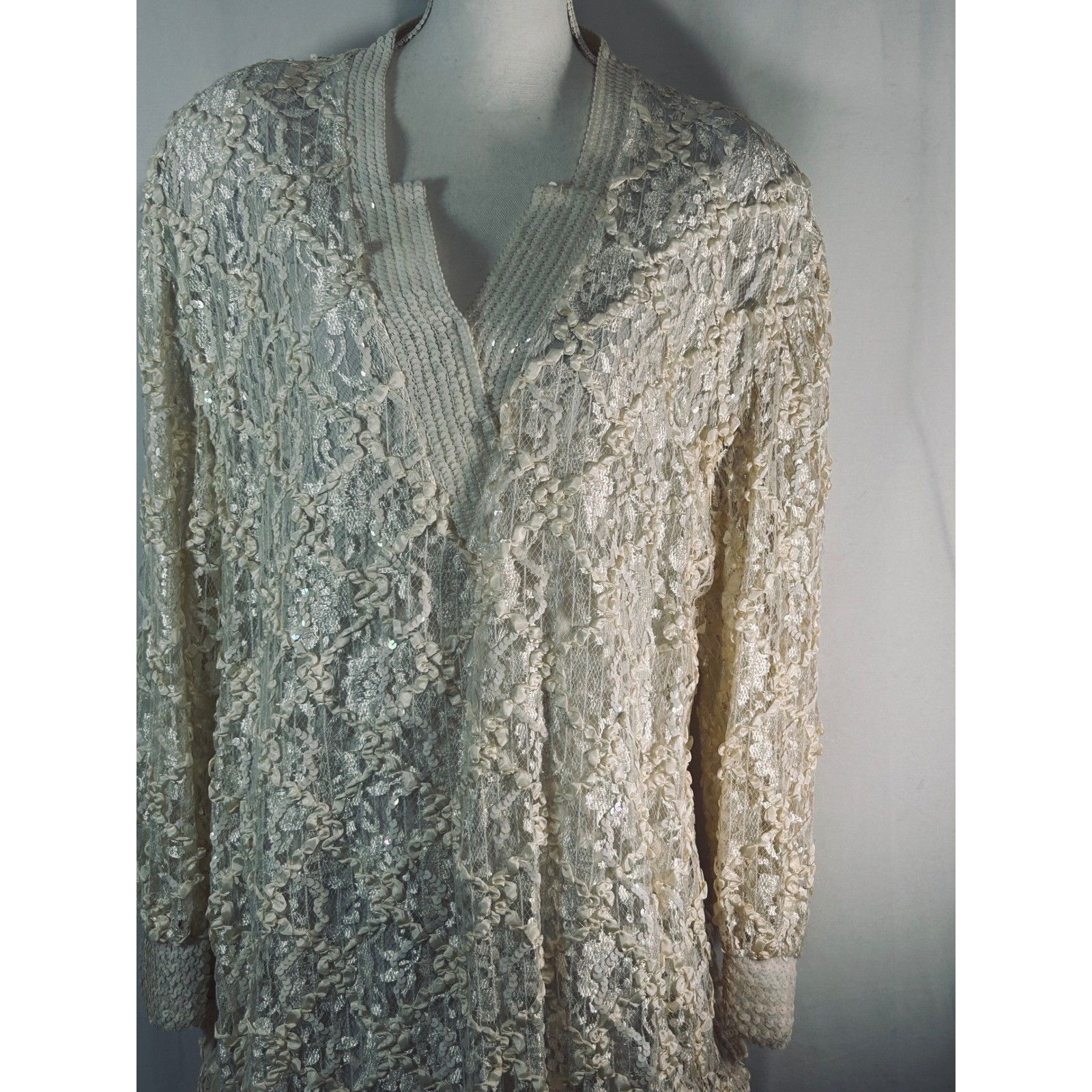 Vintage Damianou Ivory Lace Sequin Drop Waist Gown Long Sleeve Tiered Ruffle