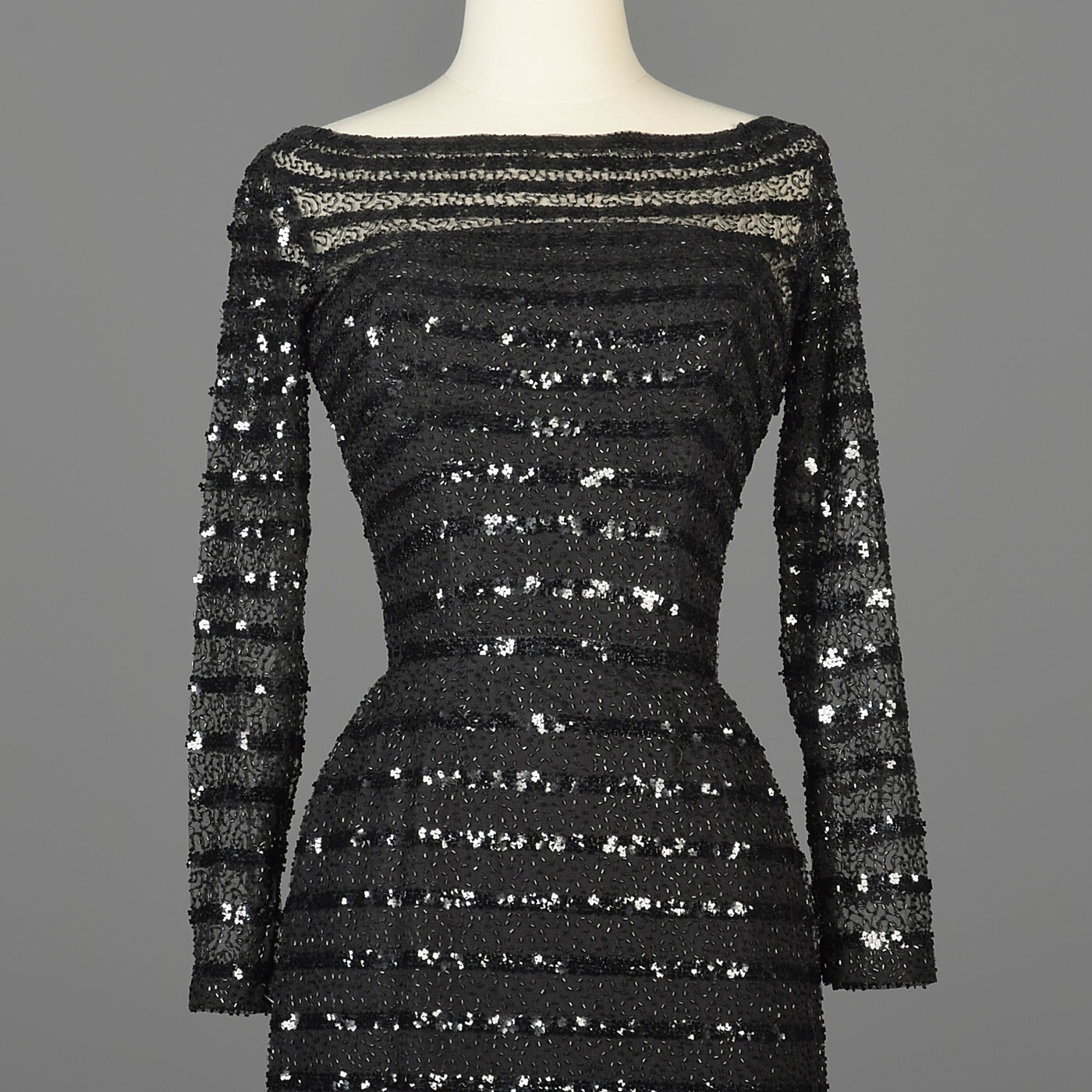 XXS Vintage 1960s 60s Ceil Chapman Long Sleeve Sequin Little Black Dress LBD