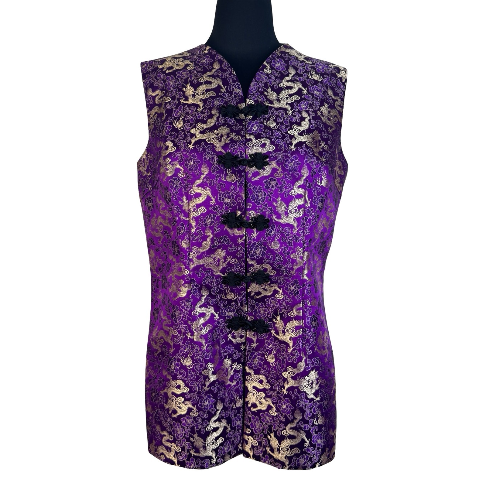 Vintage 90s Chenshifushi Purple Gold Dragon Brocade Tang Vest Mandarin Frog S M
