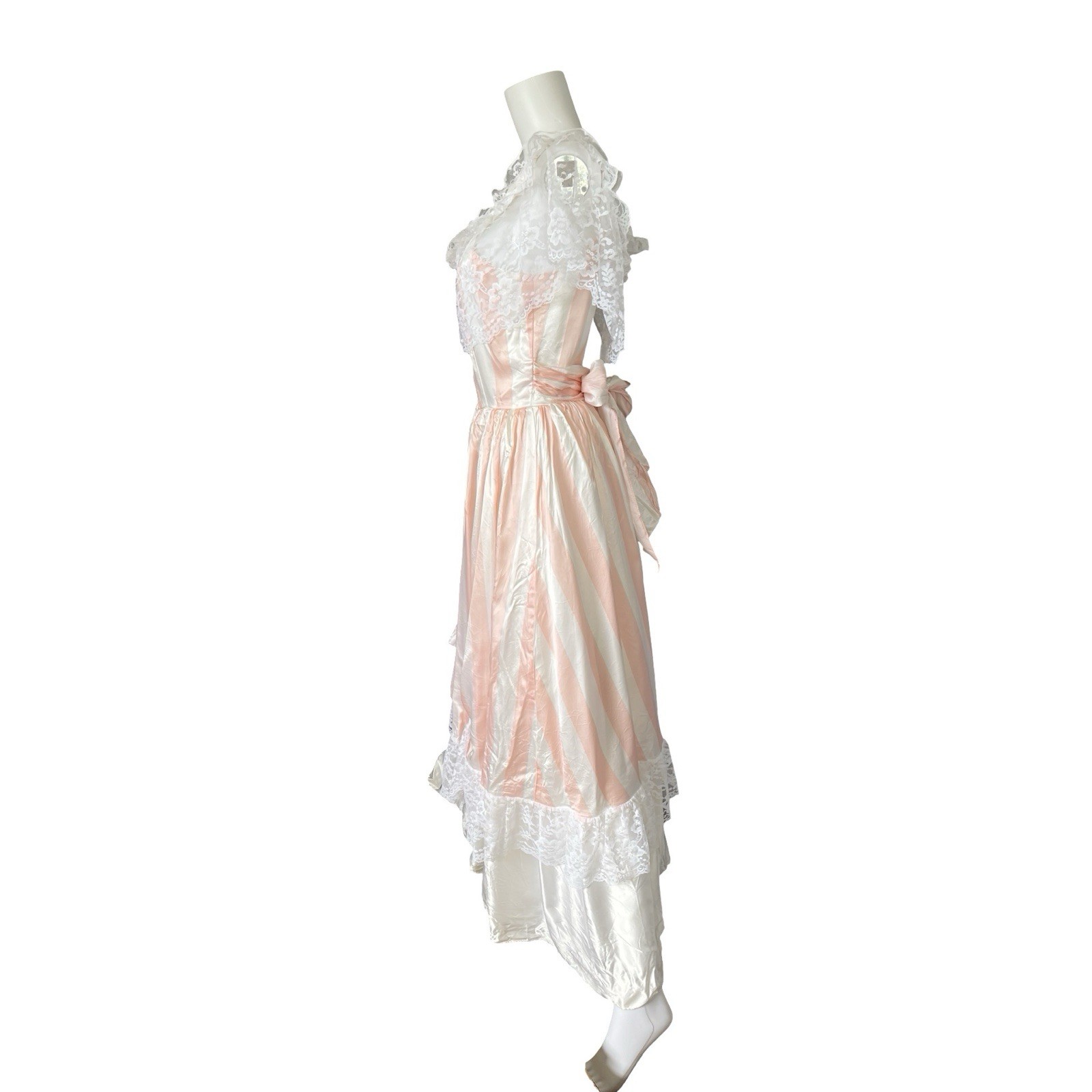 Vintage Precious Moments Prom Dress Ball Gown Peach Ivory Stripe Lace Cupcake
