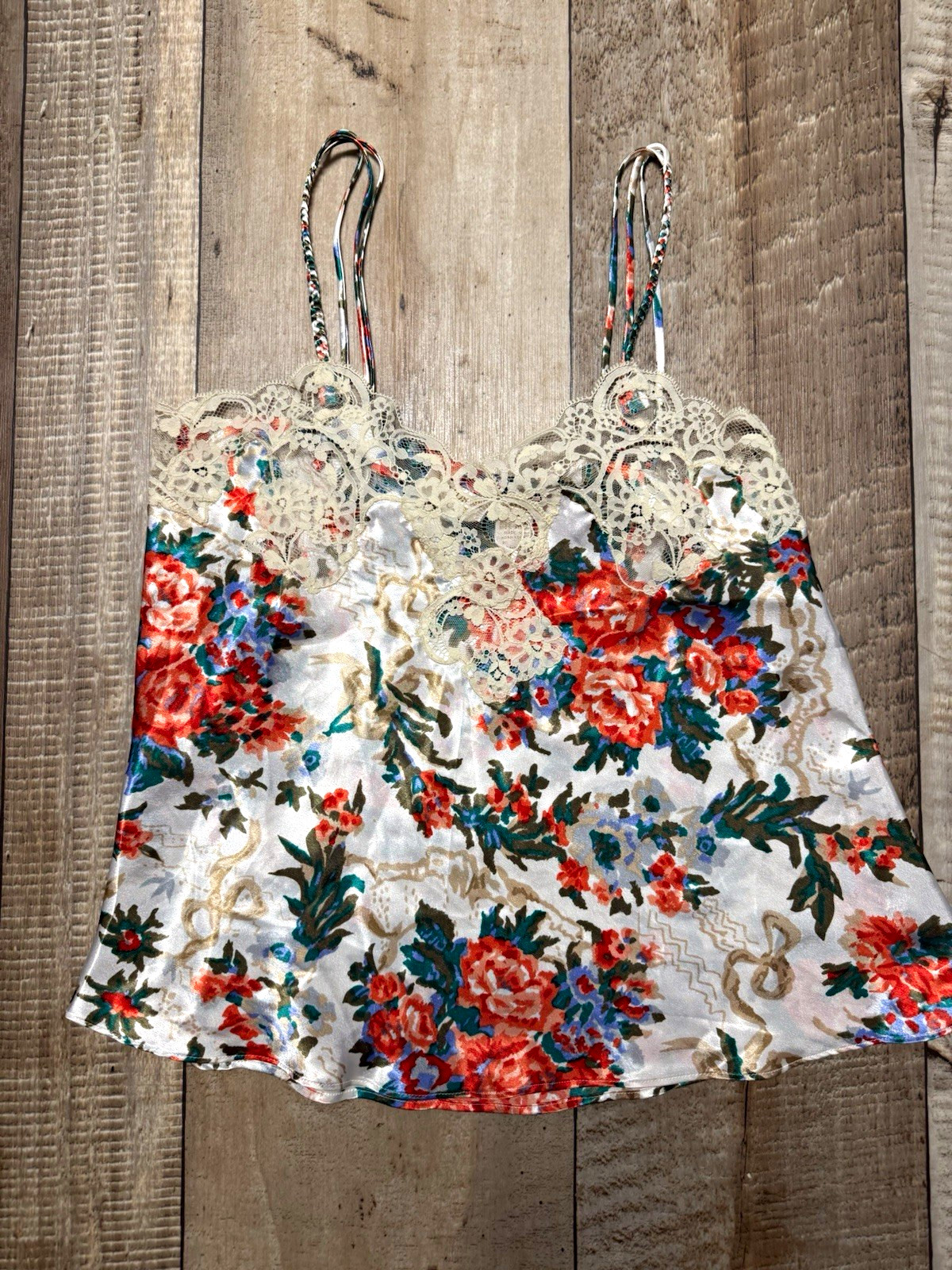 Victoria’s Secret Floral Satin Lace Trim Camisole Top M/L White Multicolor