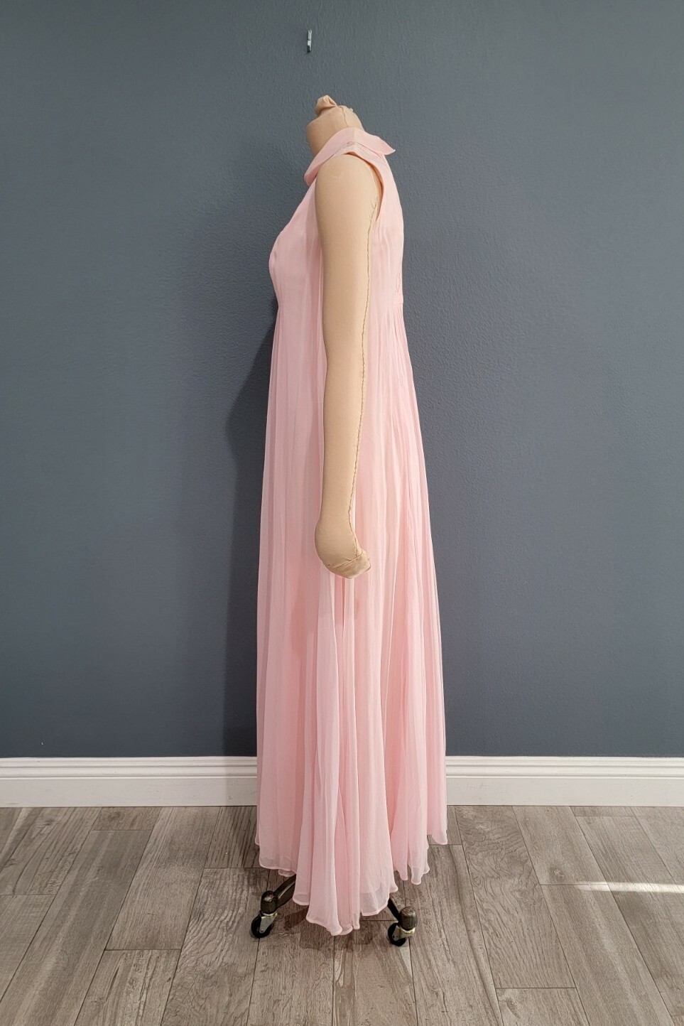 Vintage 50s 60s pink flowy chiffon maxi dress nynco zipper XS/S