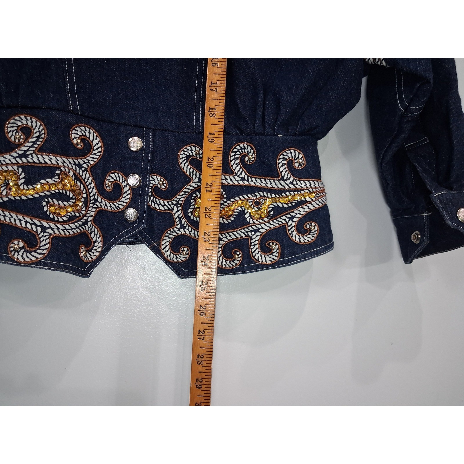 Vintage 80s Denim Moto Jacket Soutache Sequin Paisley Batwing Dark Wash Blue