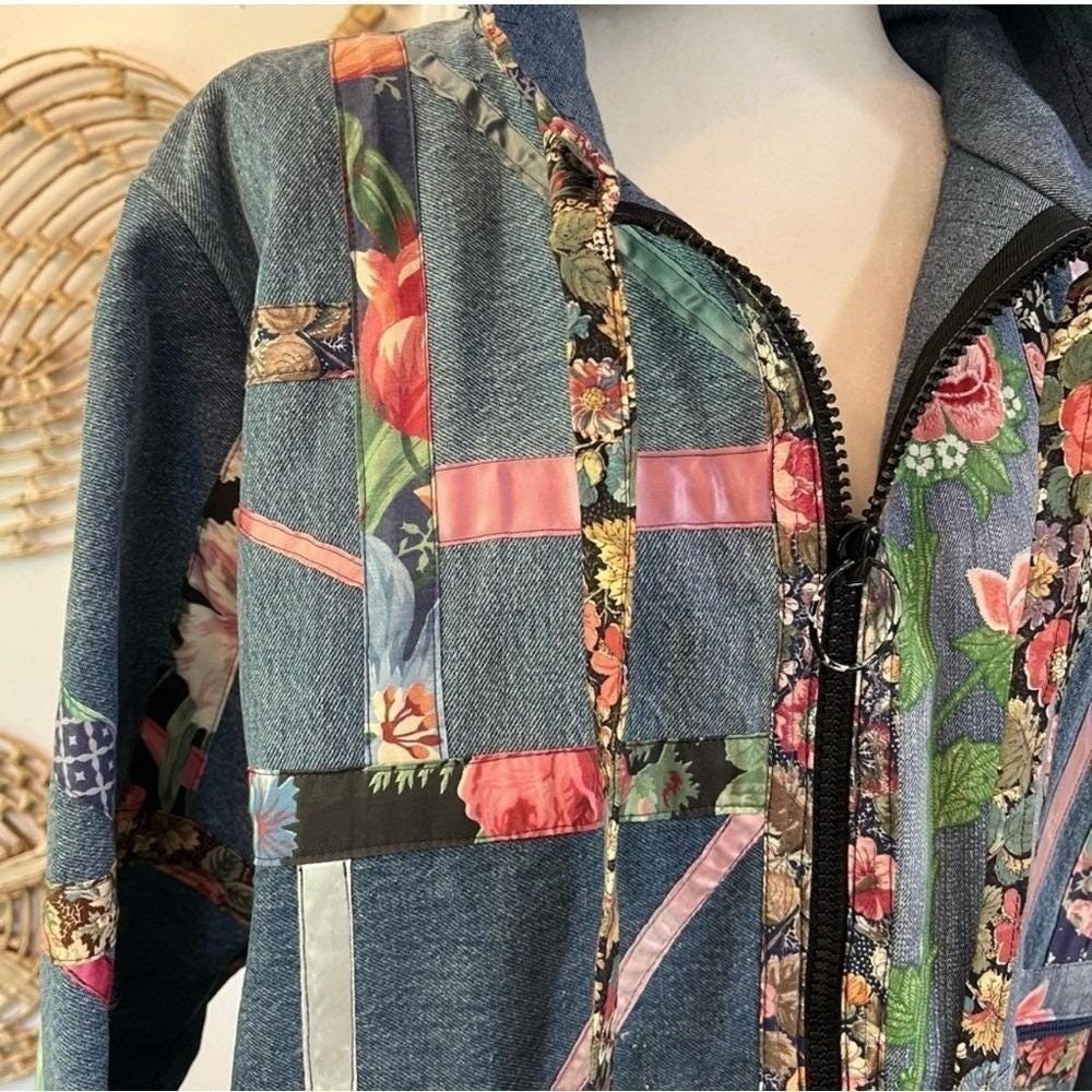 Vintage Patchwork Quilted Jacket Hooded Boho Oversized Denim Coat L XL