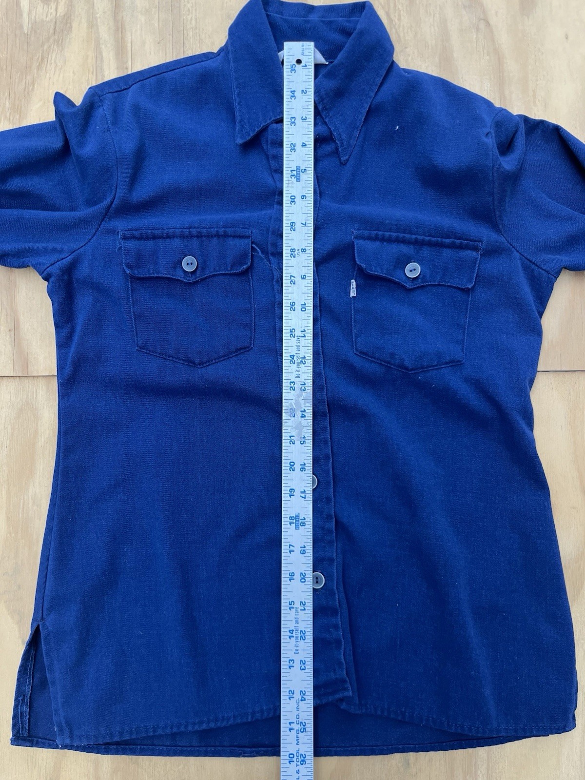 Vintage 70s Levis Big E Tab Work Shirt Blue Long Sleeve Pocket Women’s Small