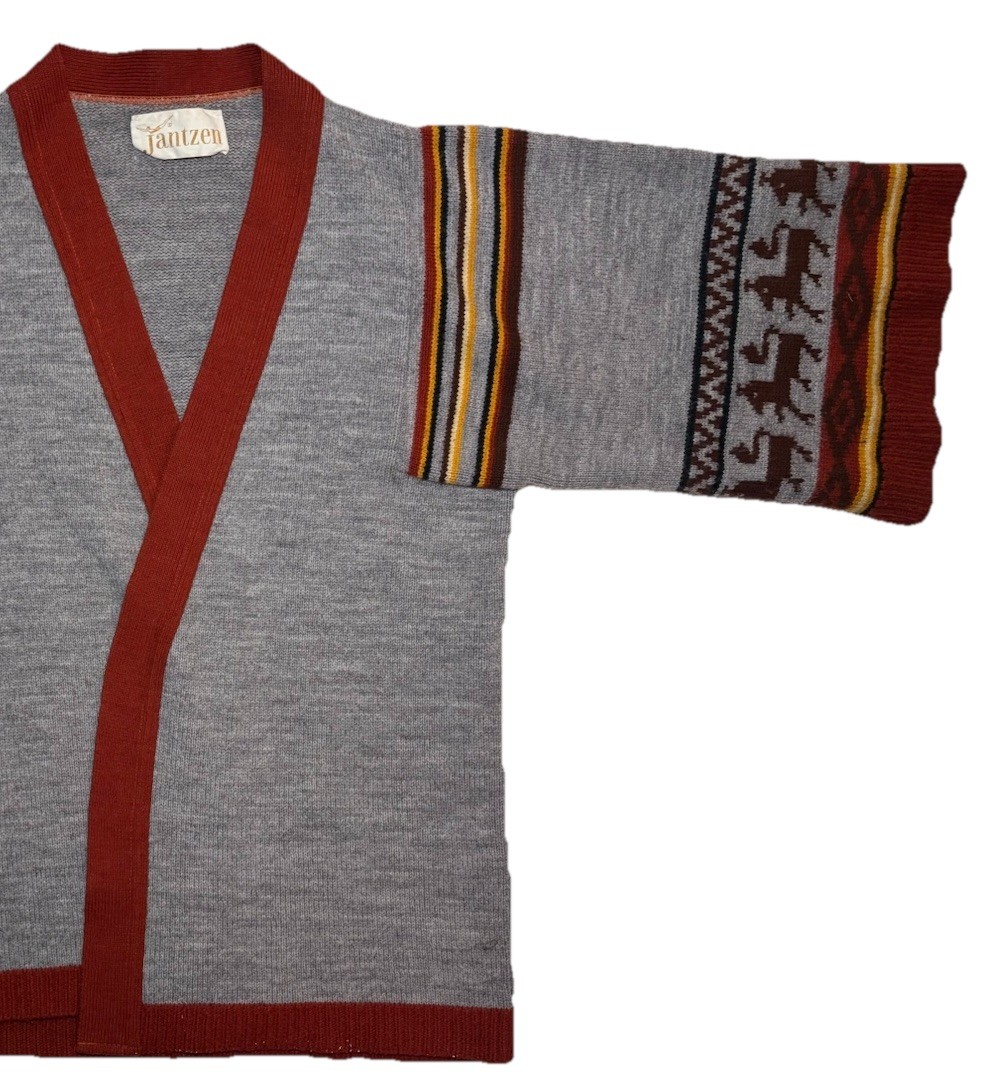 Vintage 70s Jantzen Open Front Cardigan Sweater Adult M Boho Hippie 1/2 Sleeve