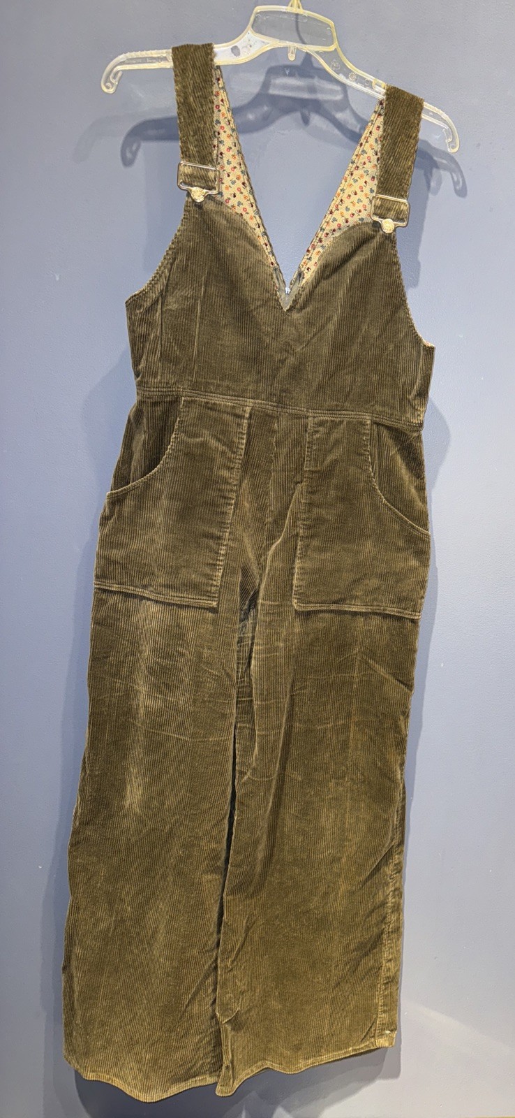 30” Waist Vintage Bib Overall, Dark Green Corduroy, Lined, 1960, Unbranded, Zip