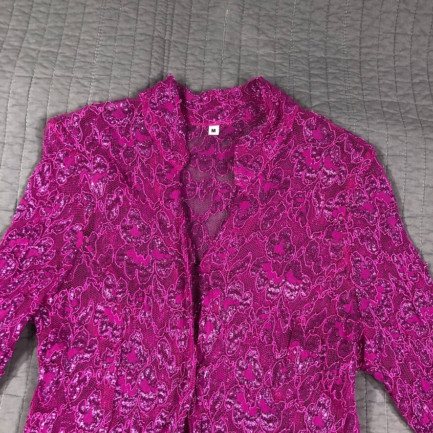 Vintage Y2K Jacket Women Medium Pink Glitter Sheer Lace Festival Kimono Boho NWT
