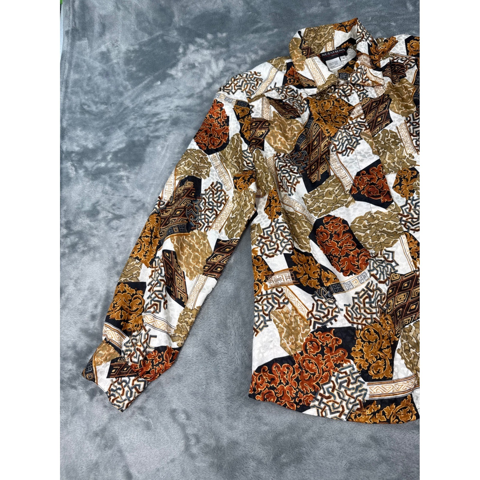 Vintage Notations Petite Baroque Geometric Secretary Blouse Gold Rust Black 8P