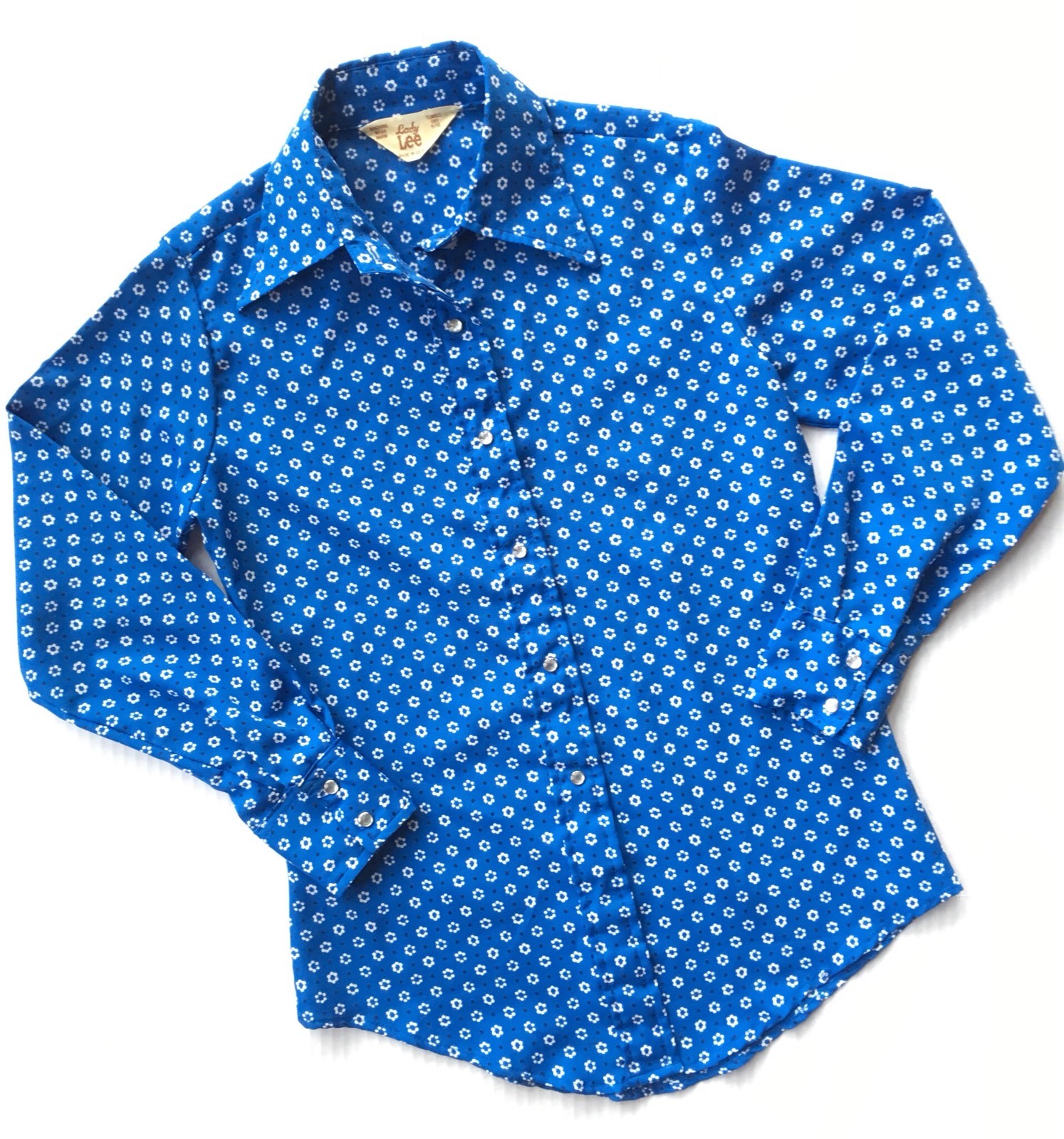 Vtg 70s Lady Lee Pearl Snap Floral Blue Western Shirt Women Size 9 10 Flower USA