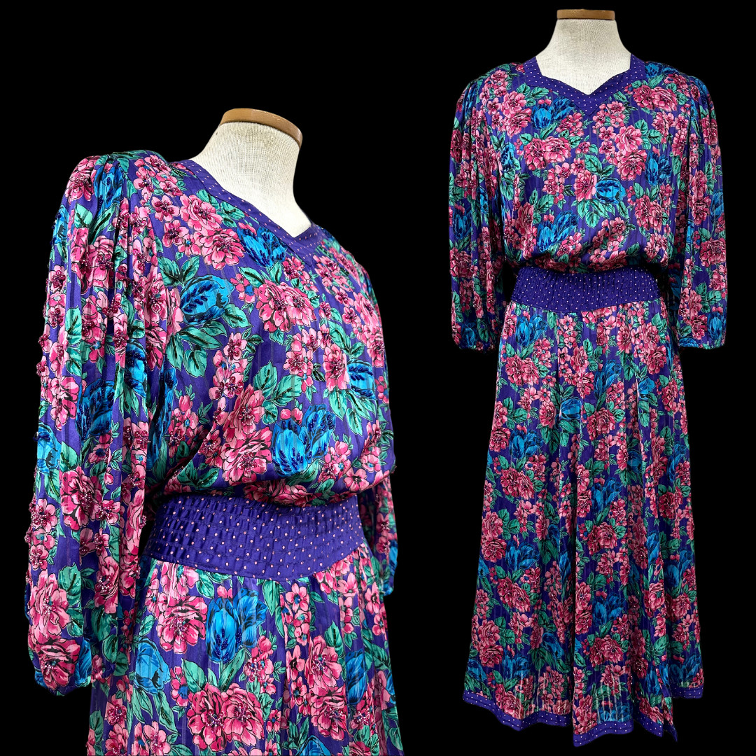 Vintage 1980s Diane Freis Beaded Purple Floral Midi Dress with Balloon Sleeves