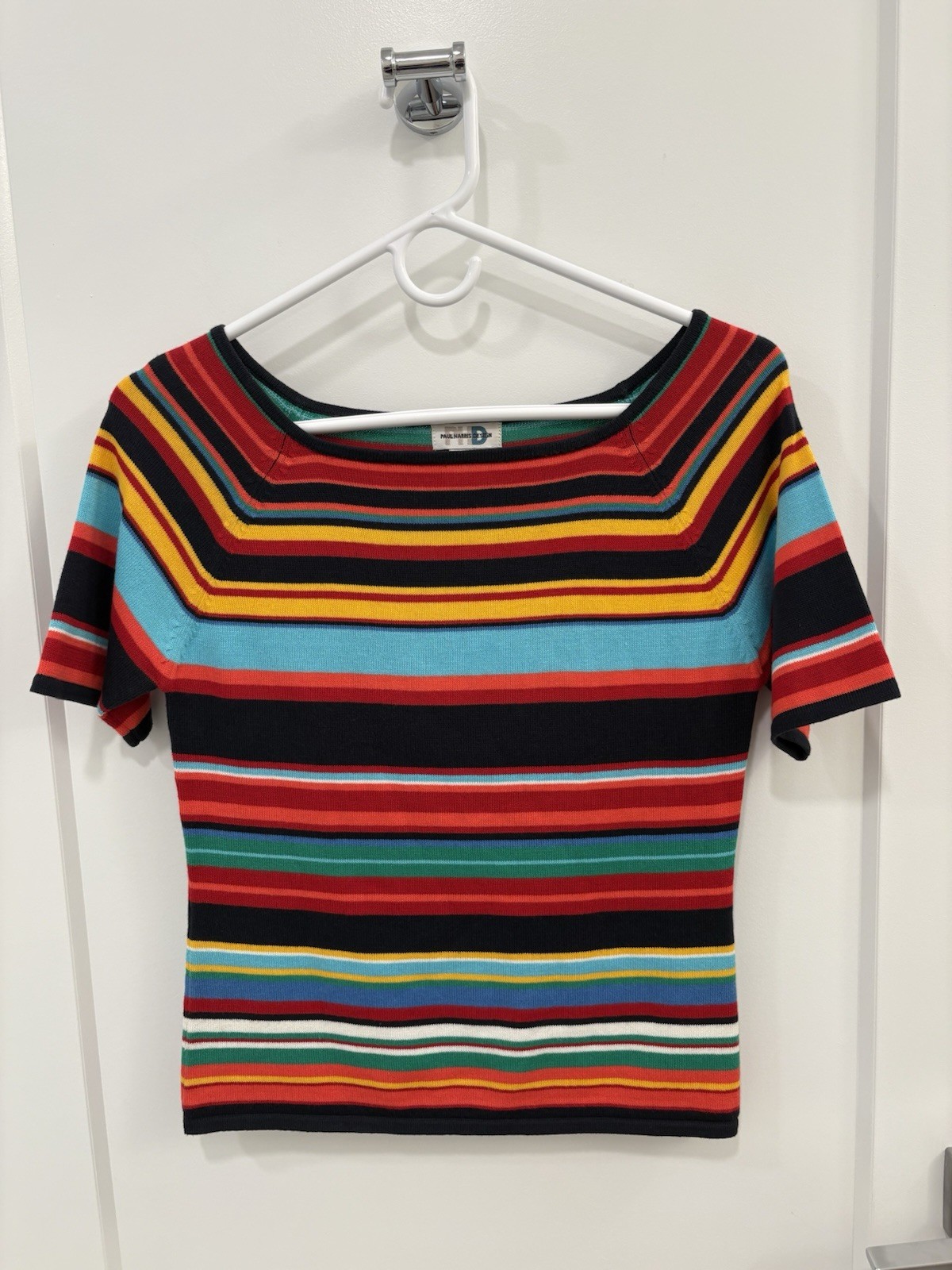 Vintage 90s Knit Cotton Blend Multicolor Stripe Paul Harris Design Sweater Sz S