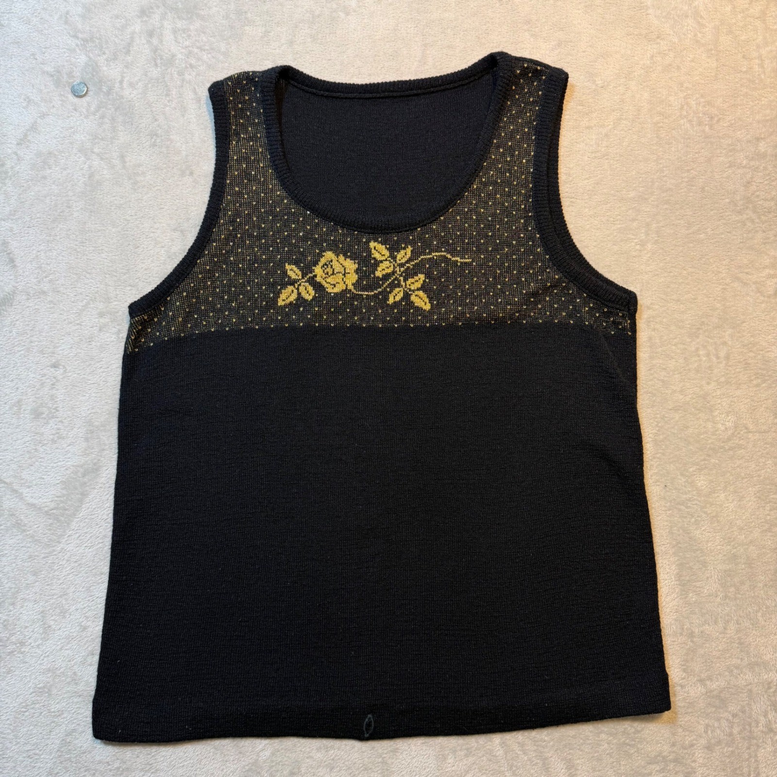 Vintage Black Gold Rose Floral Knit Tank Top Sweater Vest Sleeveless 90s Retro