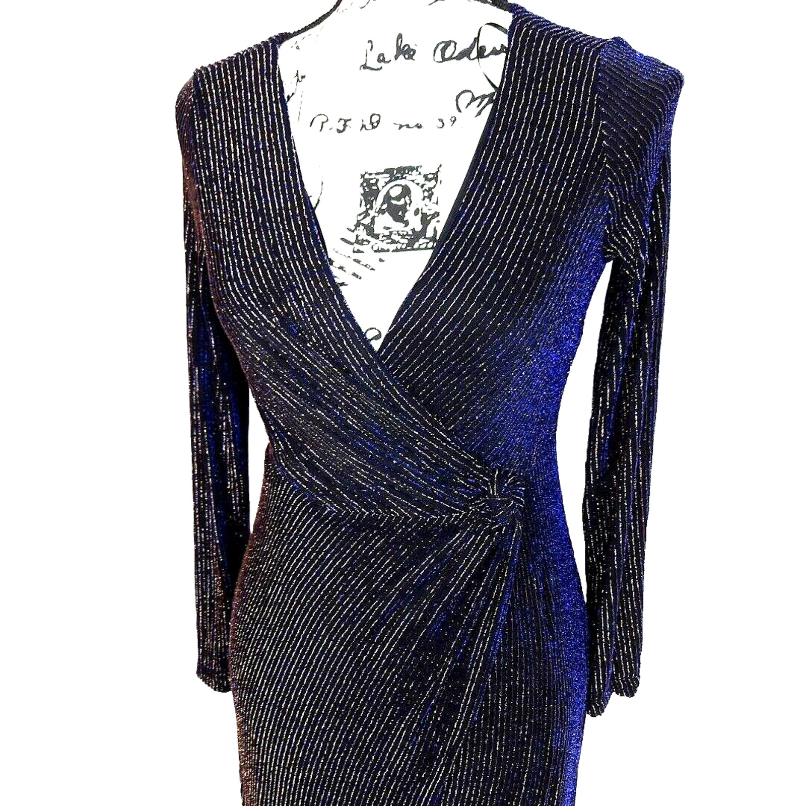 Vintage 90s Metallic Faux Wrap Maxi Dress Size 4 Black Blue Whimsigoth Event