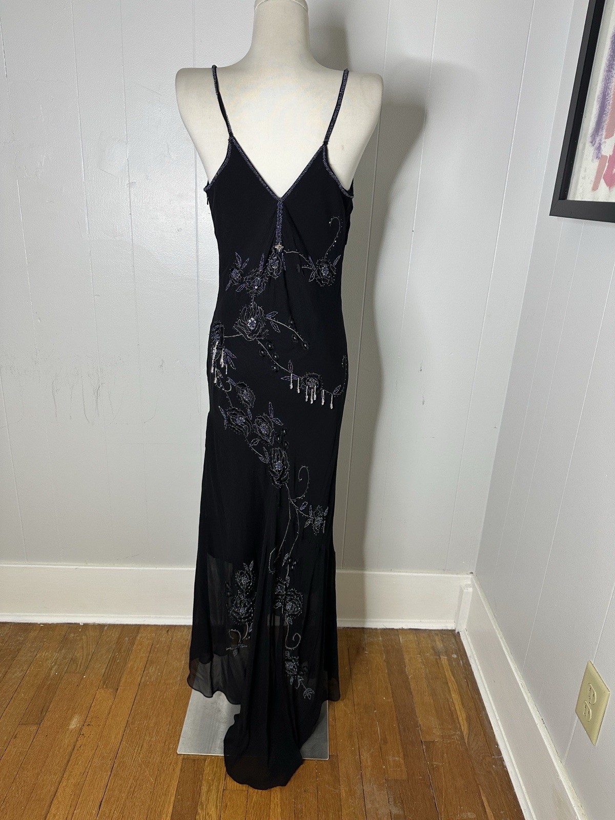 Vintage Y2K Silk Chiffon Bias Cut Beaded Art Deco Look Mermaid Maxi Dress